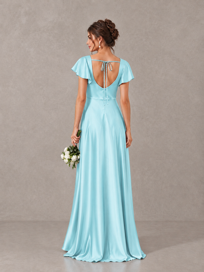 BOLODOO Aqua Blue Satin Square Neck Flutter Sleeve A-Line Bridesmaid Dress with Slit - Aqua Blue - Aqua Blue_2