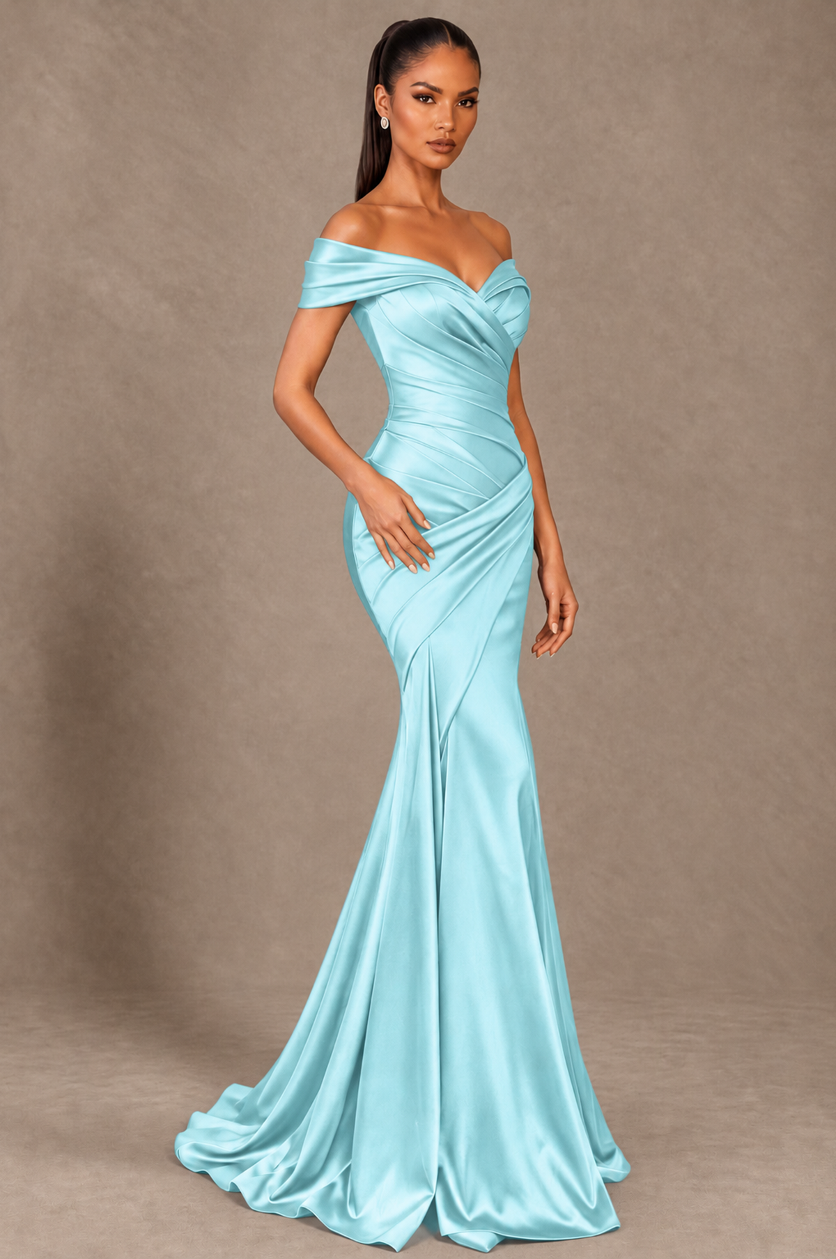 BOLODOO Aqua Blue Off-the-Shoulder Ruched Satin Mermaid Evening Dress - Aqua Blue - Aqua_Blue_2