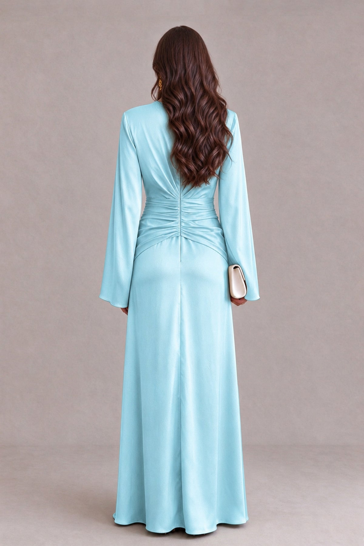 BOLODOO Aqua Blue Yellow Satin-Look V-Neck Long Bell Sleeve Evening Dress - Aqua Blue - Aqua_Blue_2