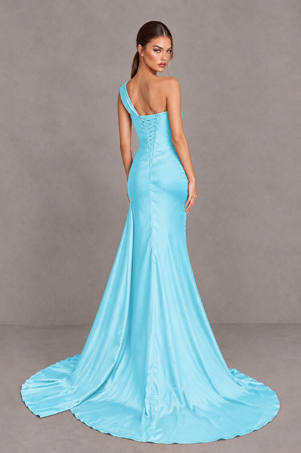 BOLODOO Aqua Blue One Shoulder Satin Mermaid Evening Dress with Ruched Slit Skirt - Aqua Blue - Aqua Blue_2