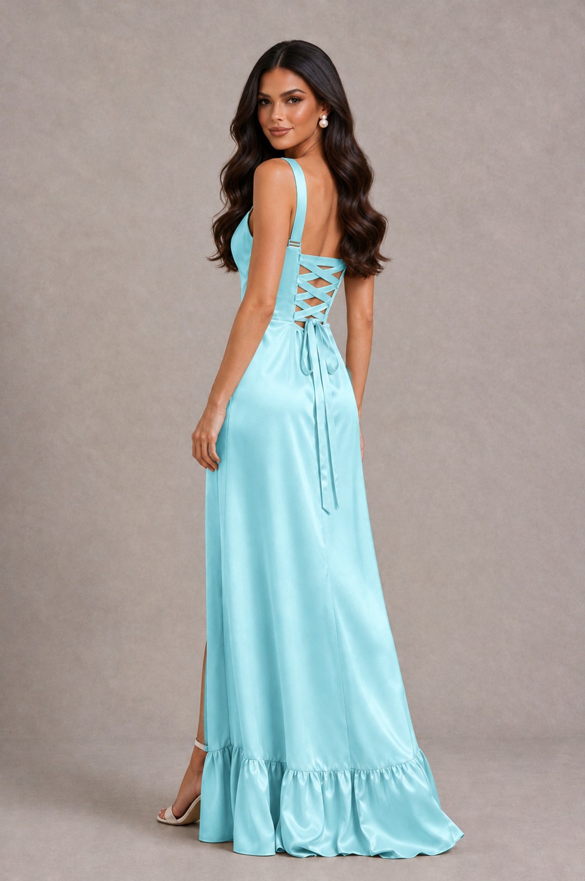 BOLODOO Aqua Blue Square Neck Satin Evening Dress with Lace-Up Back and High Slit - Aqua Blue - Aqua Blue_2