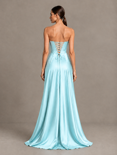 BOLODOO Aqua Blue Strapless Satin High-Slit Lace-Up Prom Dress - Aqua Blue - Aqua Blue_2