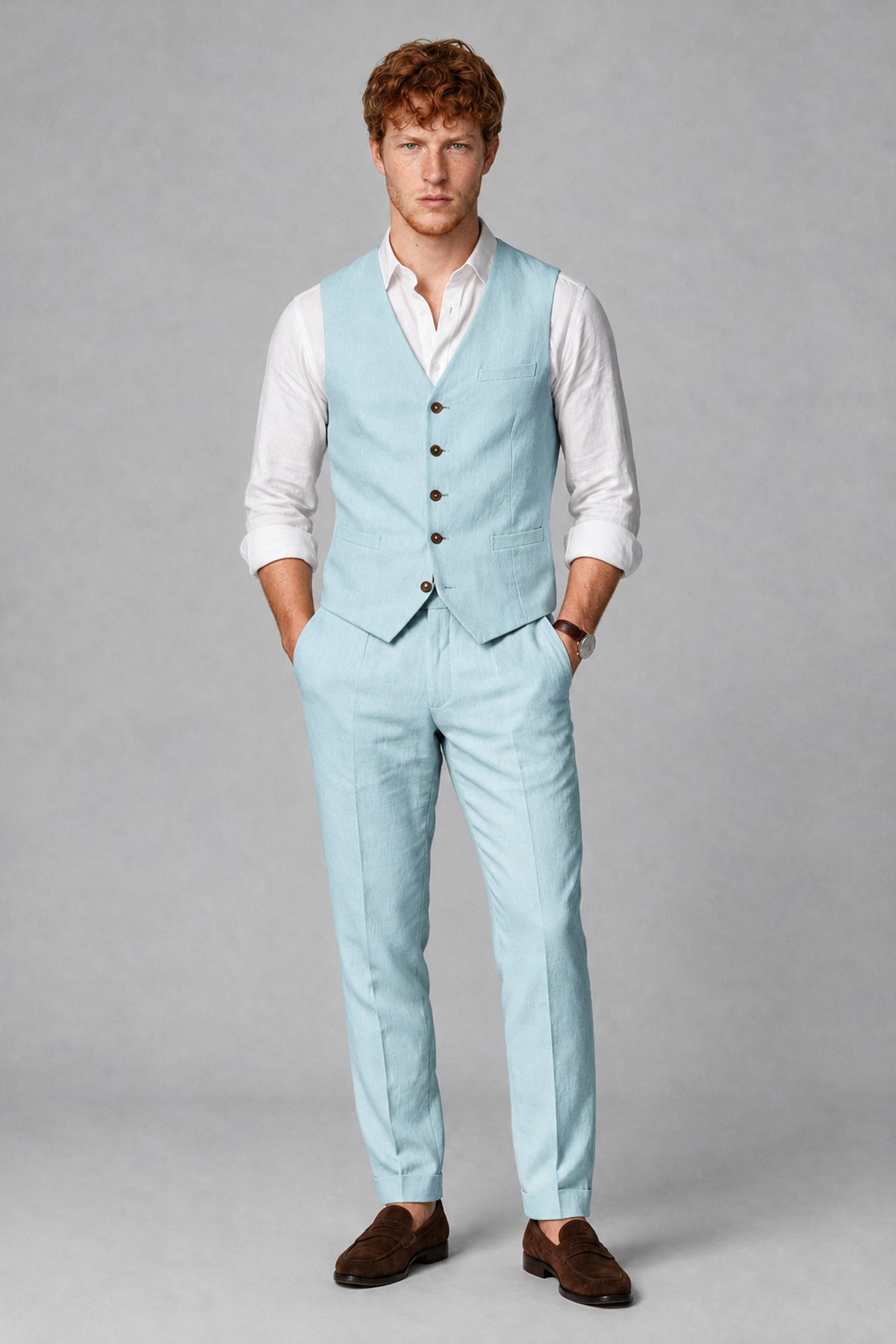 Bolodoo Men's Aqua Blue 2-Piece Vest and Pants Set with V-Neck Waistcoat - Aqua Blue - Aqua Blue_2