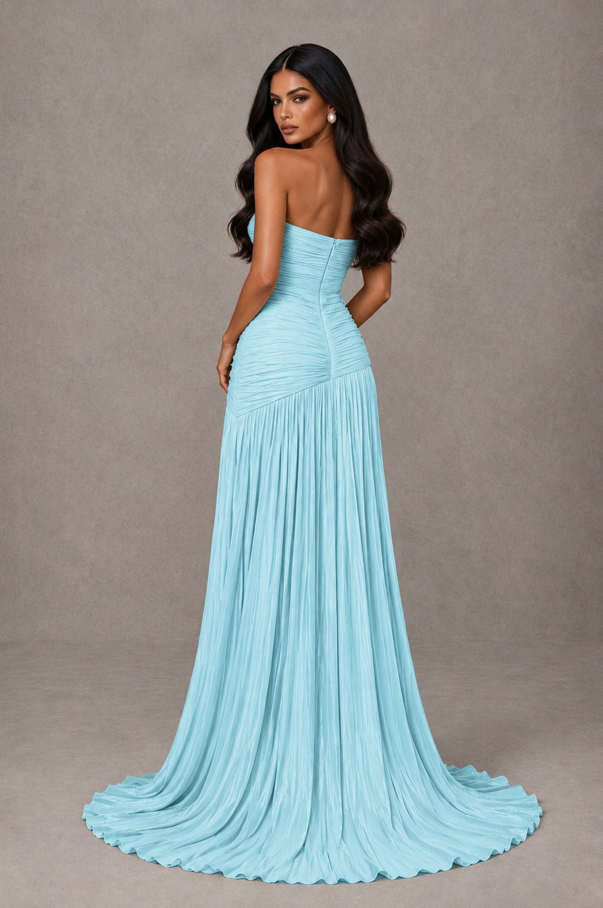 BOLODOO Aqua Blue Metallic Ruched Strapless Pleated A-Line Backless Maxi Dress with Train - Aqua Blue - Aqua Blue_2
