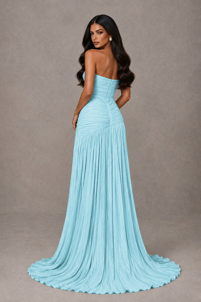 BOLODOO Aqua Blue Metallic Ruched Strapless Pleated A-Line Backless Maxi Dress with Train - Aqua Blue - Aqua Blue_2