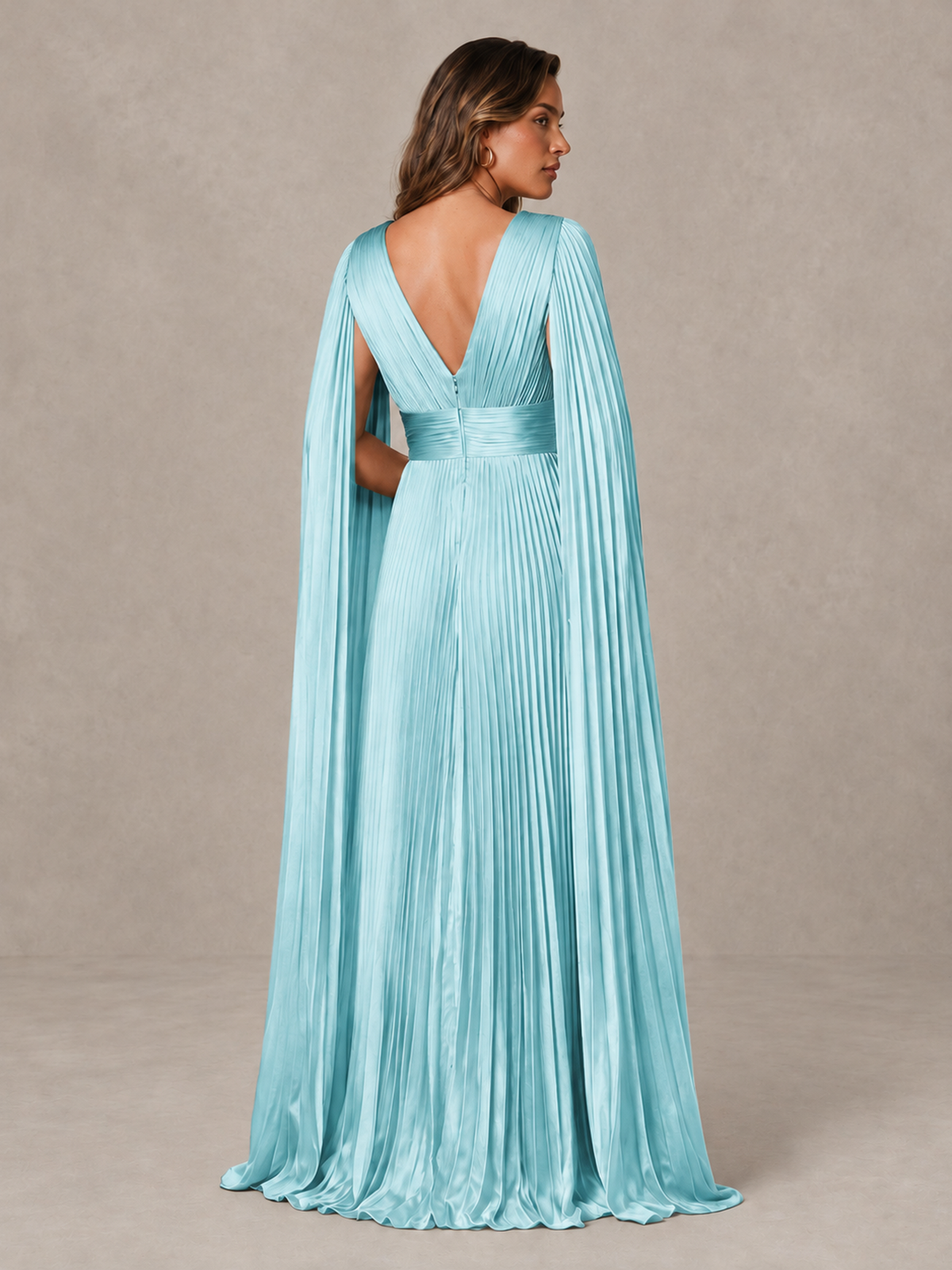 BOLODOO Aqua Blue Deep V-Neck Pleated Cape Sleeve Evening Gown - Aqua Blue - Aqua Blue_2
