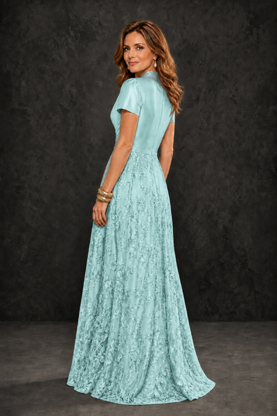 BOLODOO Aqua Blue Satin Wrap V-Neck Short Sleeve Lace Glitter A-Line Floor Length Evening Gown – Formal Dress - Aqua Blue - Aqua_Blue_2