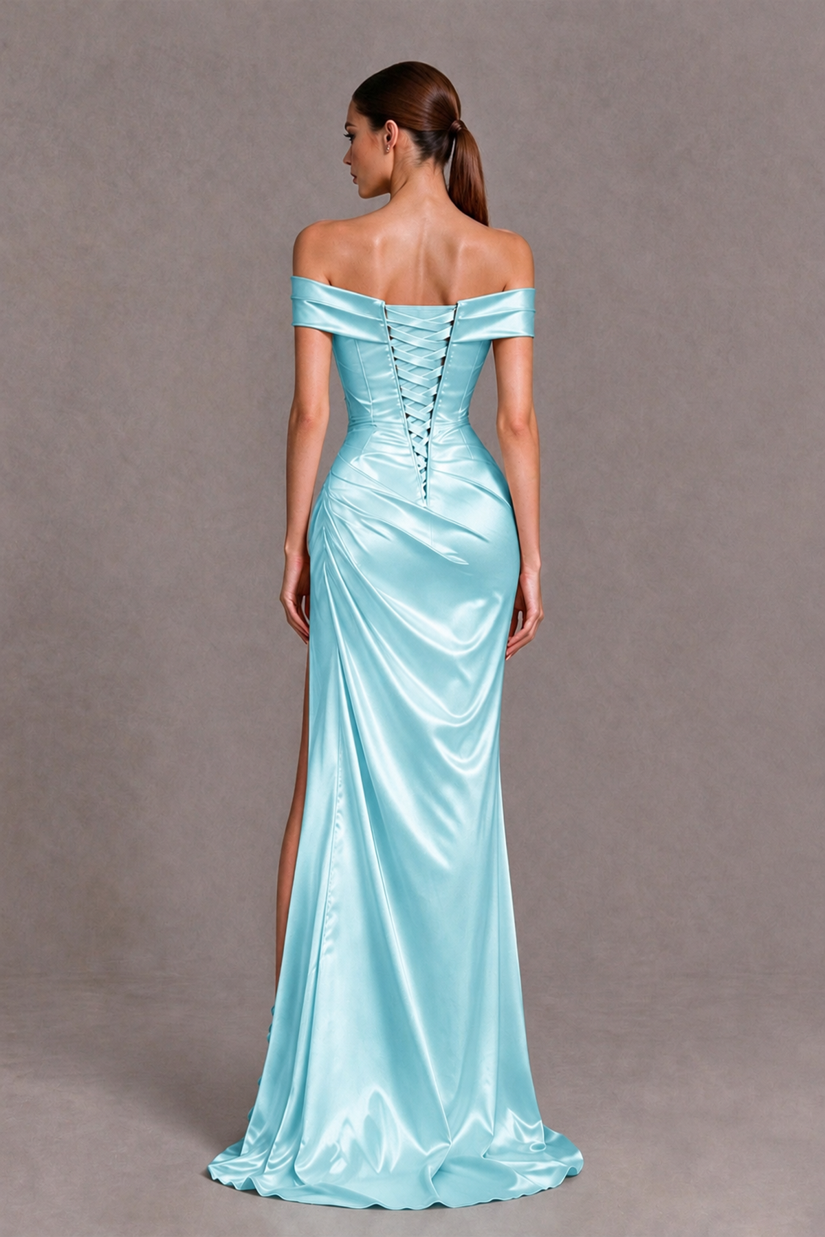 BOLODOO Aqua Blue Off-the-Shoulder Ruched Satin Prom & Evening Dress with High Slit - Aqua Blue - Aqua Blue_2