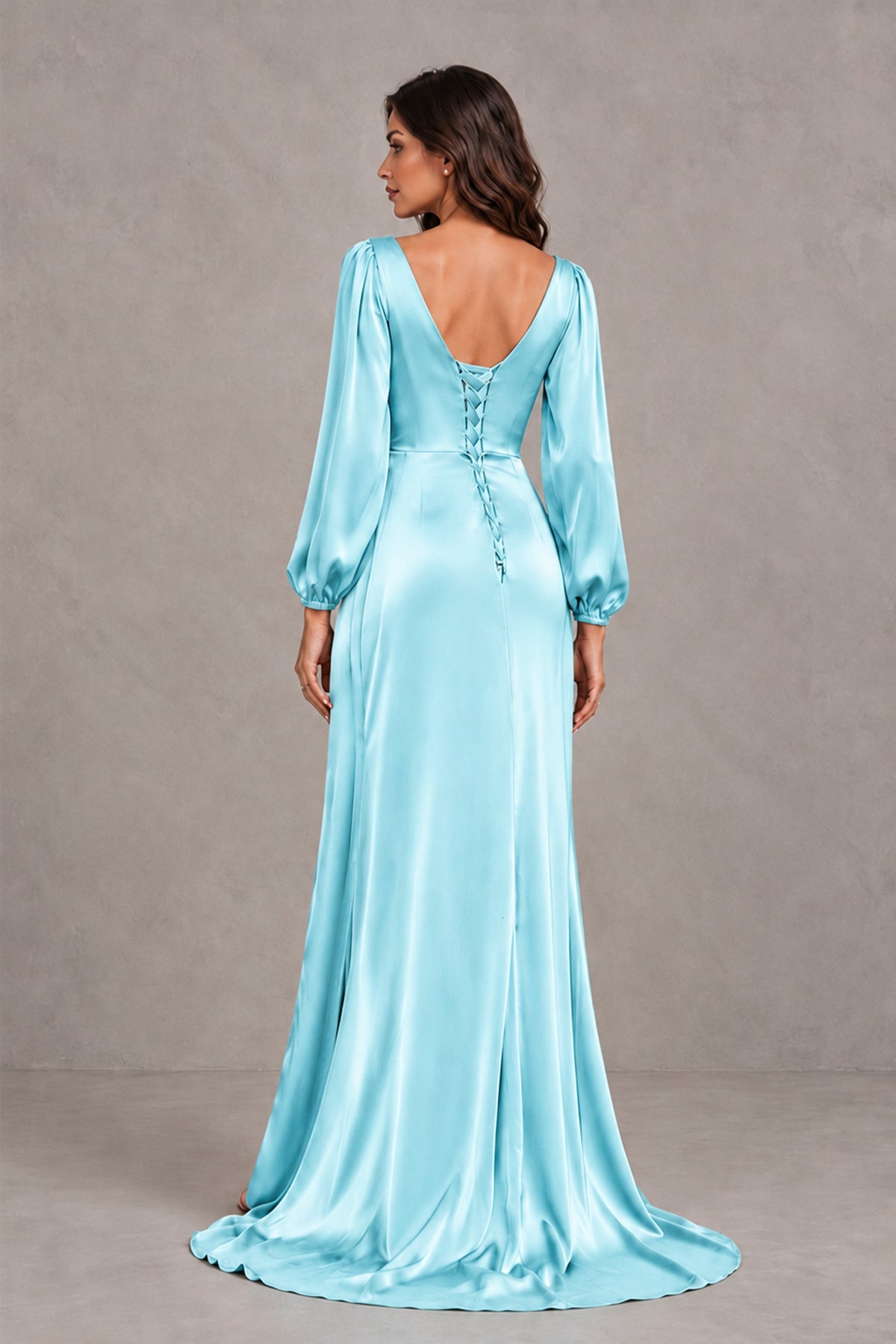 BOLODOO Aqua Blue Satin-Look Long Sleeve Evening Dress with High Slit - Aqua Blue - Aqua Blue_2