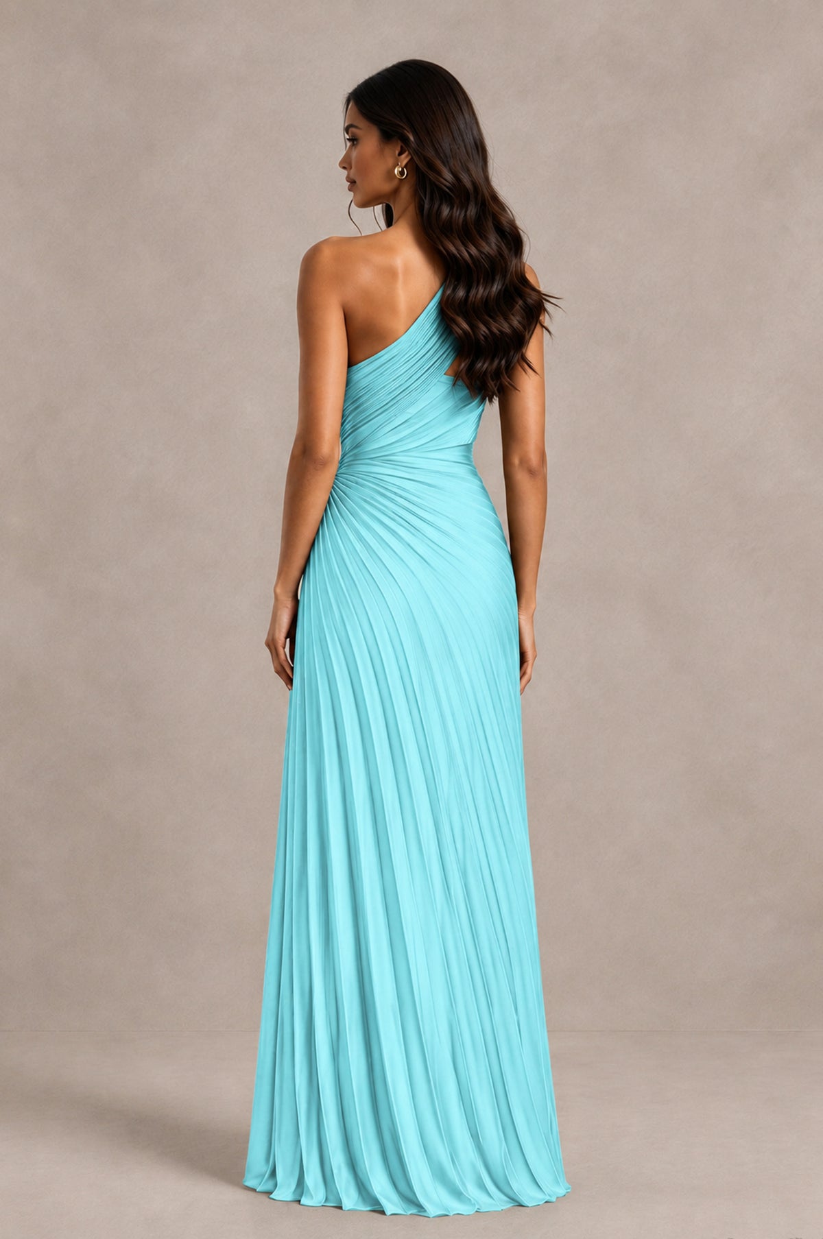 BOLODOO Aqua Blue One Shoulder Pleated Evening Dress with Ruched Waist and High Slit - Aqua Blue - Aqua Blue_2