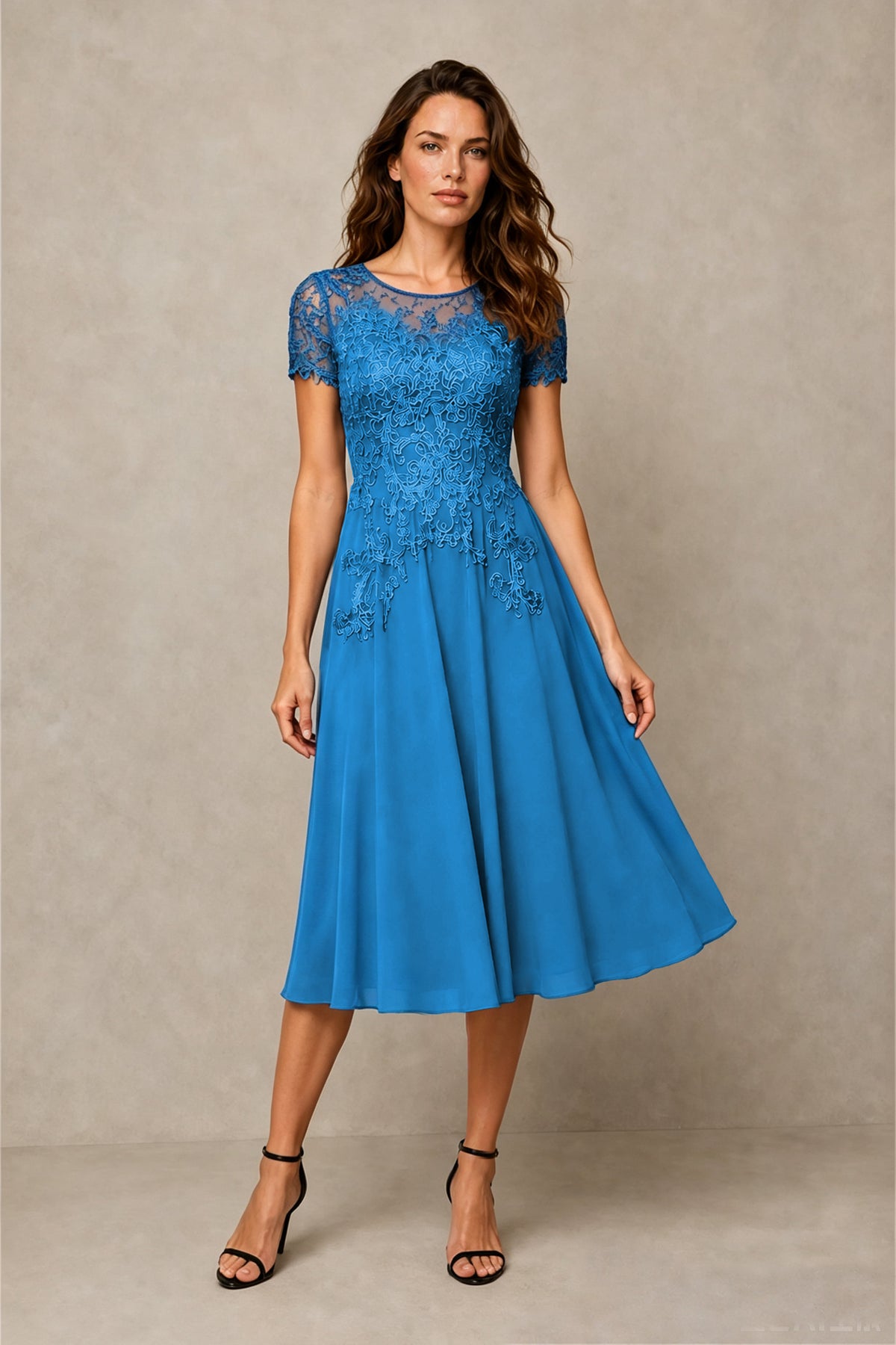 BOLODOO Steel Aqua Blue Beaded Lace Illusion Bodice Chiffon Tea-Length Dress | Mother of the Bride & Cocktail Party - Aqua Blue