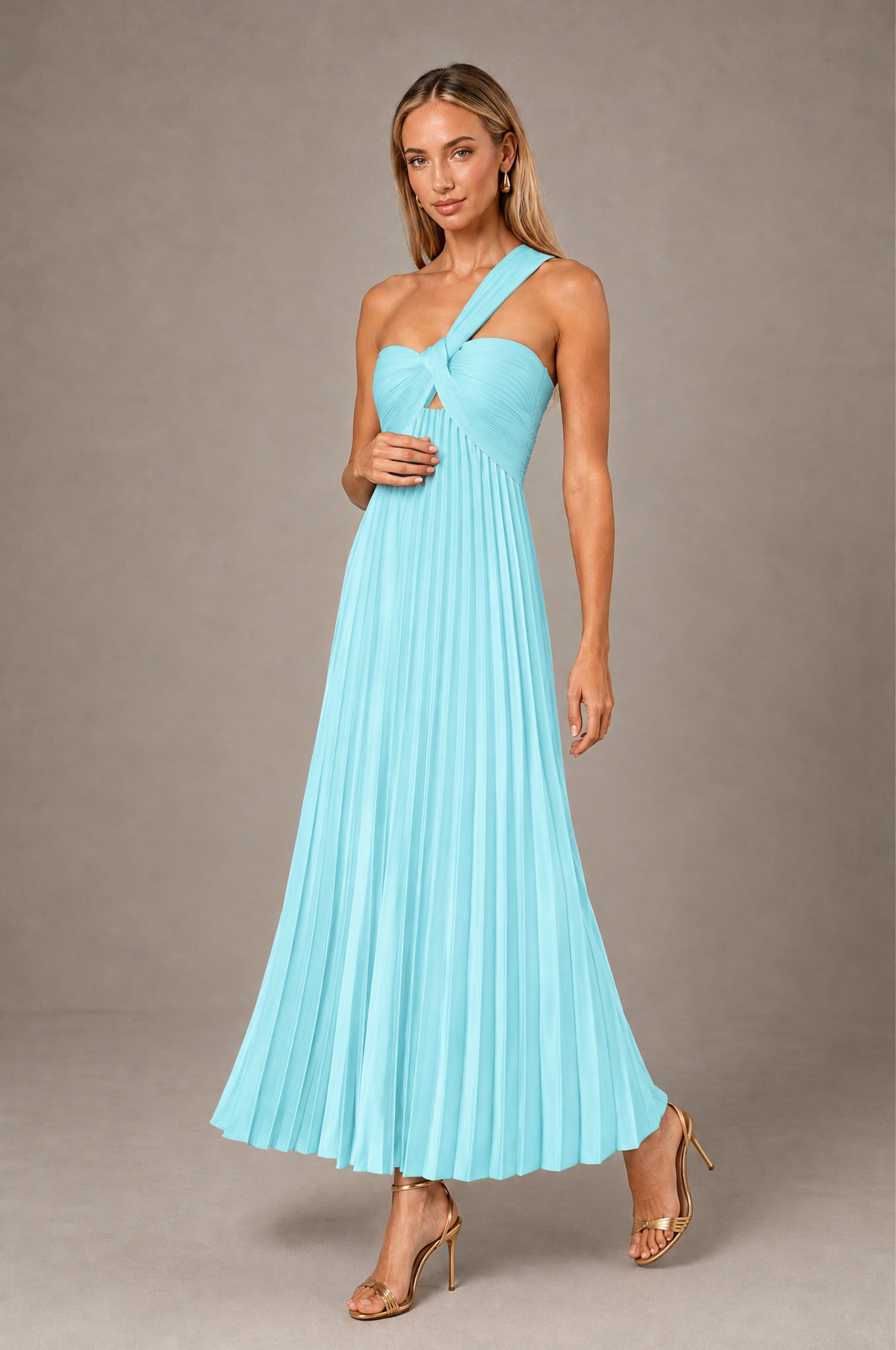 BOLODOO Aqua Blue One-Shoulder Twist Knot Pleated Satin Midi Dress with Cutout - Aqua Blue - Aqua_Blue_3