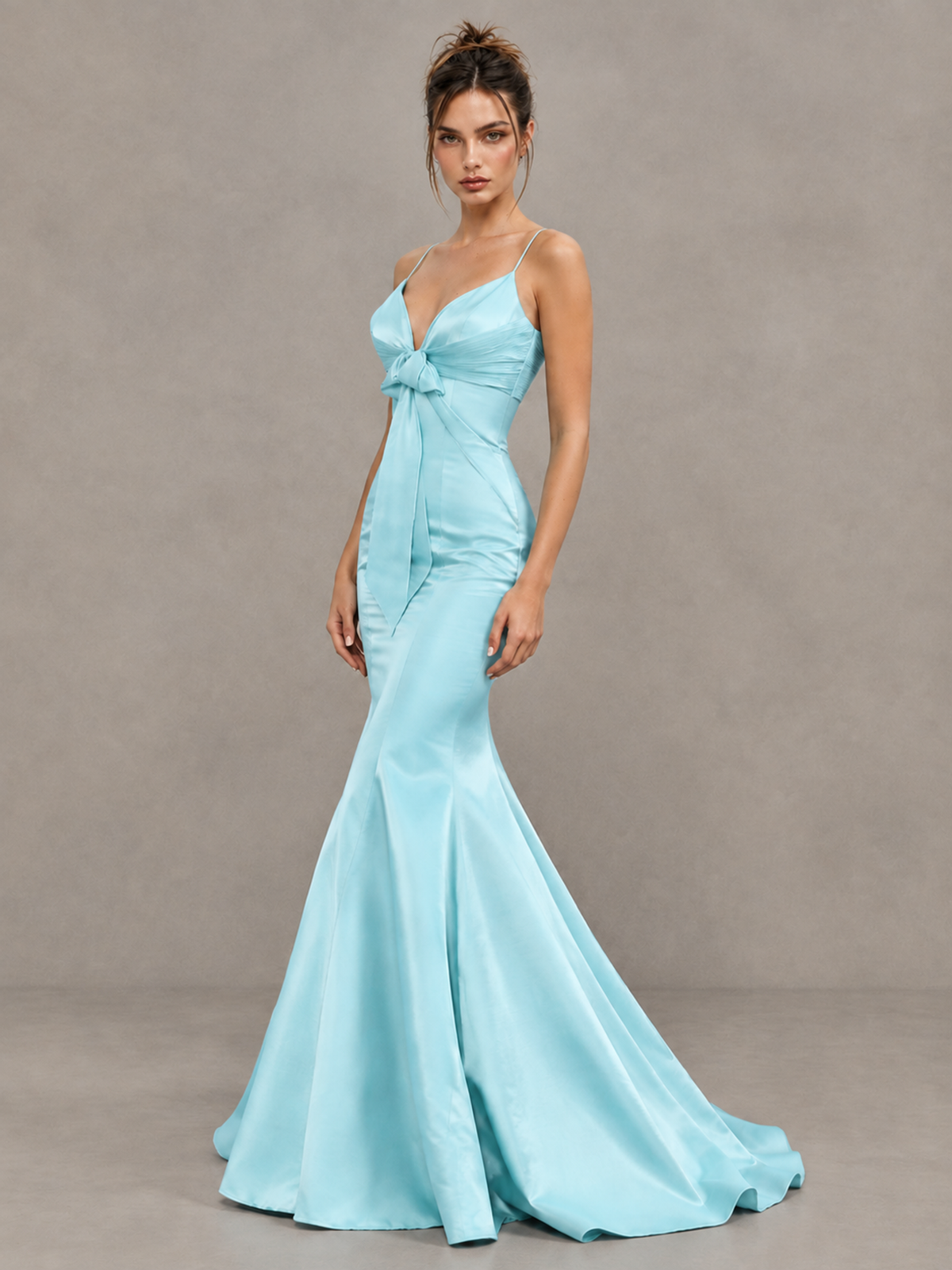 BOLODOO Aqua Blue Satin-Look Mermaid Prom Dress with Bow - Aqua Blue - Aqua Blue_3