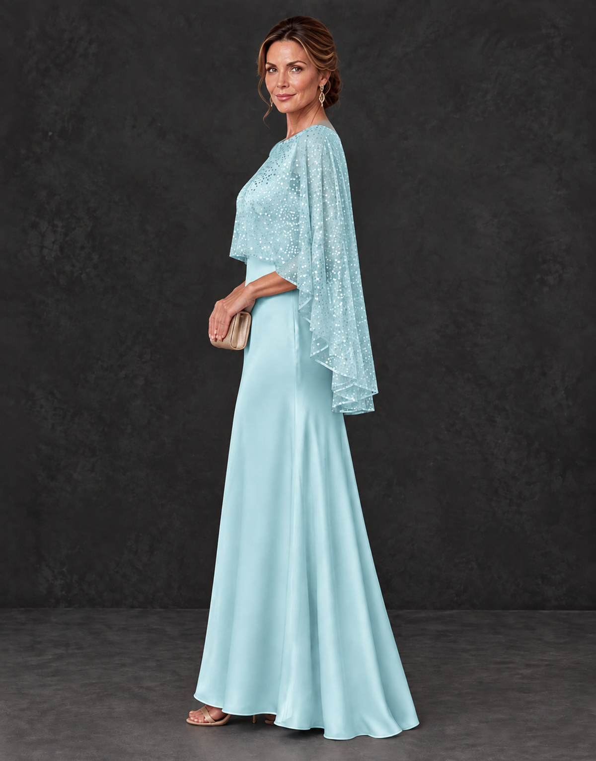 BOLODOO Aqua Blue Sparkle Cape Sleeve Mother of the Bride Dress - Aqua Blue - Aqua_Blue_3