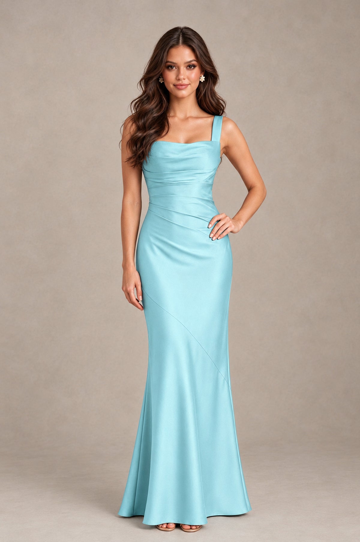 BOLODOO Aqua Blue Square Neck Ruched Satin Lace-Up Bridesmaid Dress - Aqua Blue - Aqua Blue_3
