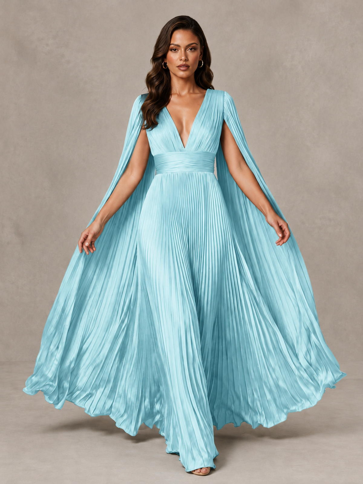 BOLODOO Aqua Blue Deep V-Neck Pleated Cape Sleeve Evening Gown - Aqua Blue - Aqua Blue_3