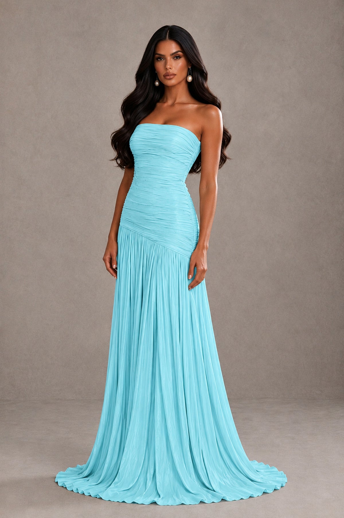 BOLODOO Aqua Blue Metallic Ruched Strapless Pleated A-Line Backless Maxi Dress with Train - Aqua Blue - Aqua Blue_3