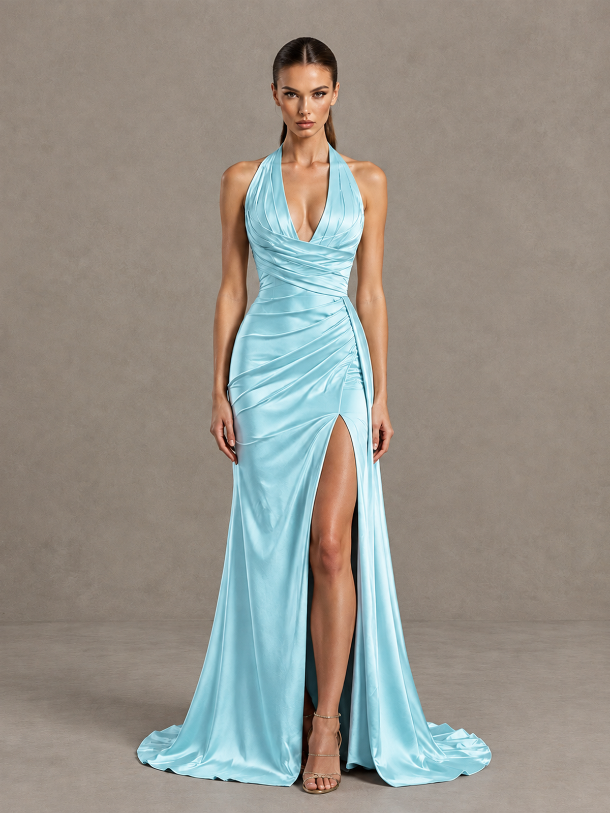 BOLODOO Aqua Blue Halter Satin Evening & Prom Dress with High Slit - Aqua Blue - Aqua Blue_3
