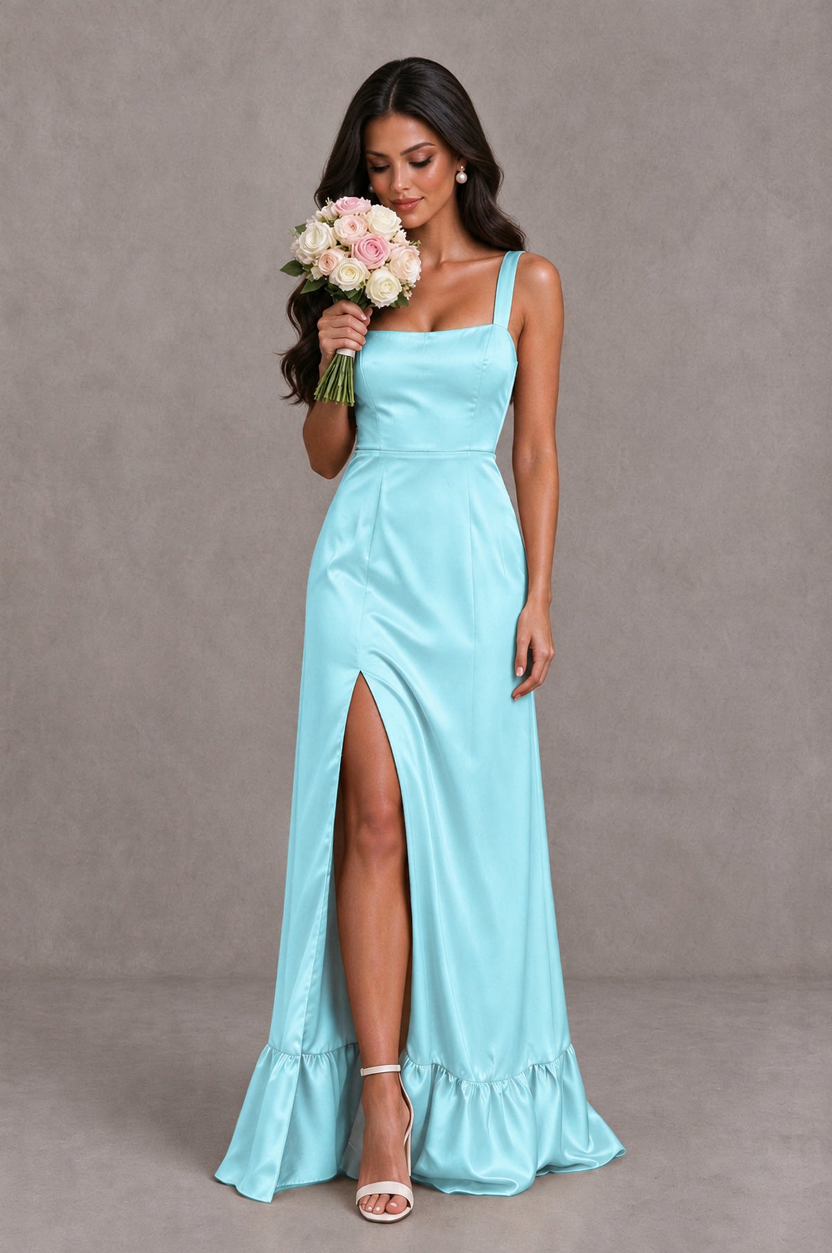 BOLODOO Aqua Blue Square Neck Satin Evening Dress with Lace-Up Back and High Slit - Aqua Blue - Aqua Blue_3