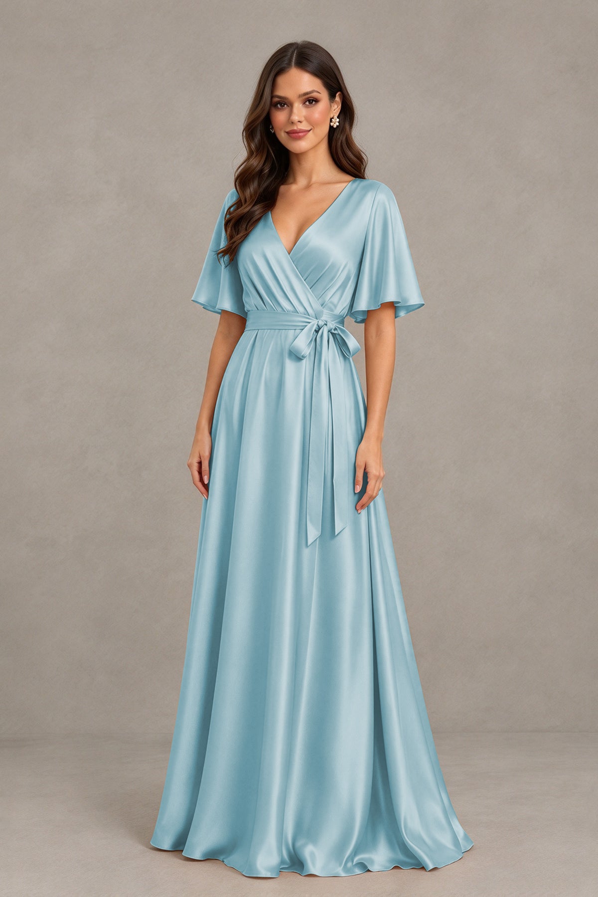 BOLODOO Aqua Blue Satin V-Neck Flutter Sleeve Bridesmaid Dress with Slit - Aqua Blue - Aqua Blue(3)