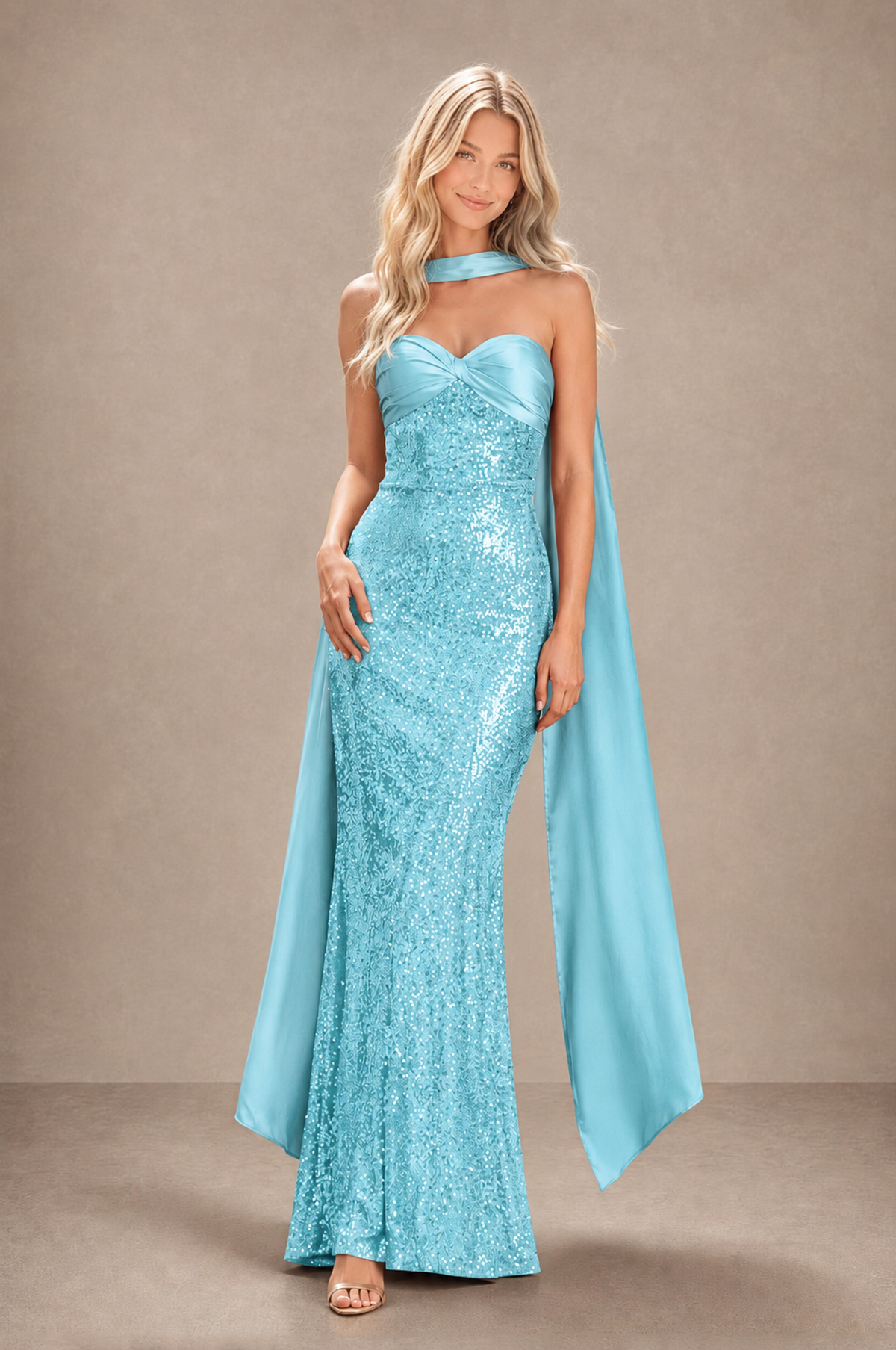 BOLODOO Aqua Blue Strapless Sweetheart Evening Dress with Scarf - Aqua Blue - Aqua_Blue_3