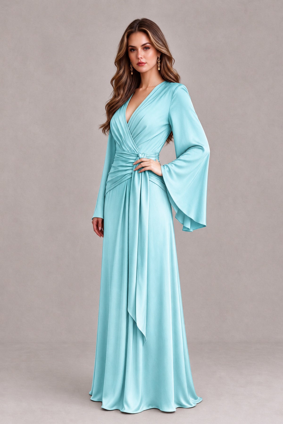 BOLODOO Aqua Blue Yellow Satin-Look V-Neck Long Bell Sleeve Evening Dress - Aqua Blue - Aqua_Blue_3