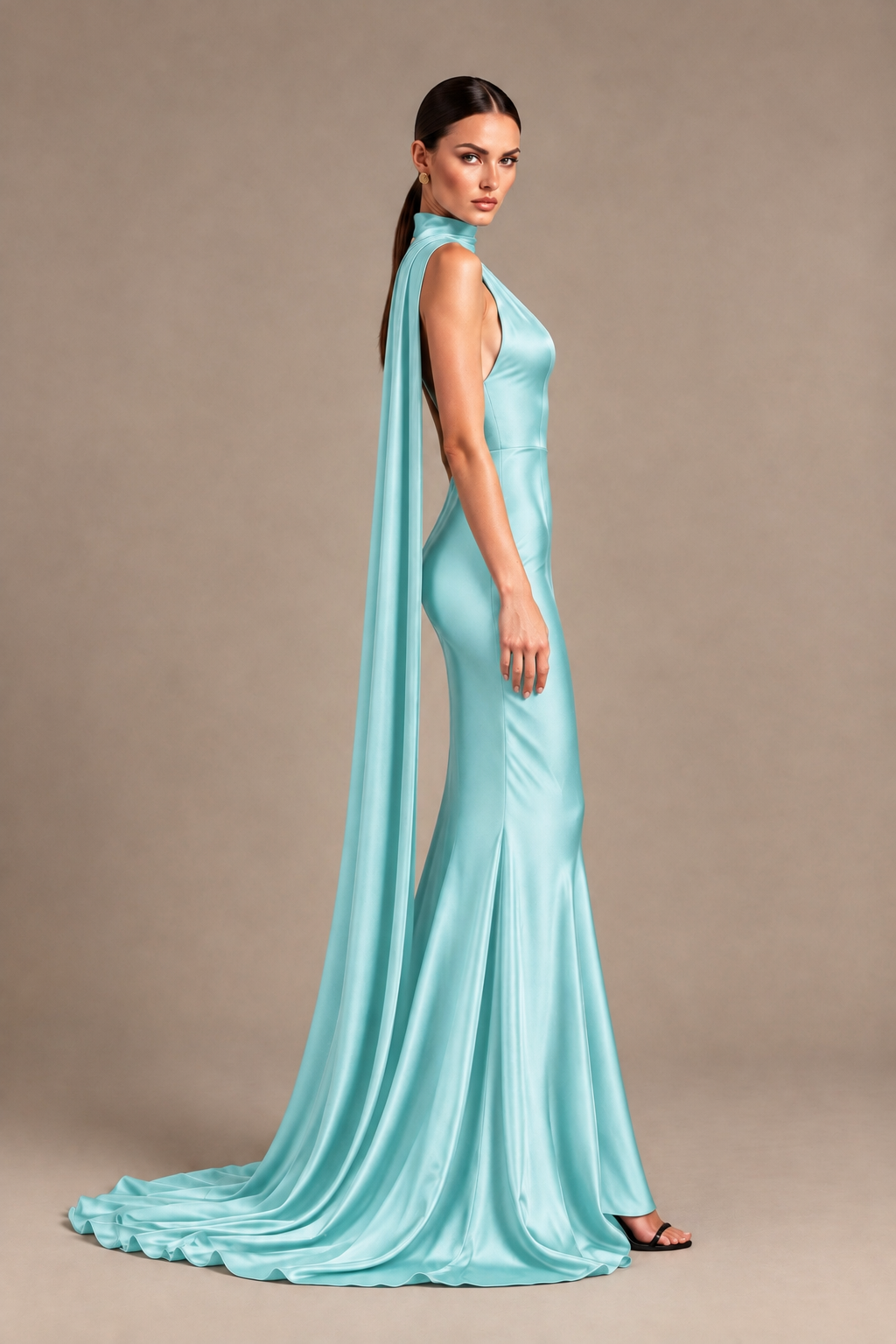 BOLODOO Aqua Blue One-Shoulder Satin Mermaid Evening Dress with Scarf - Aqua Blue - Aqua Blue_3