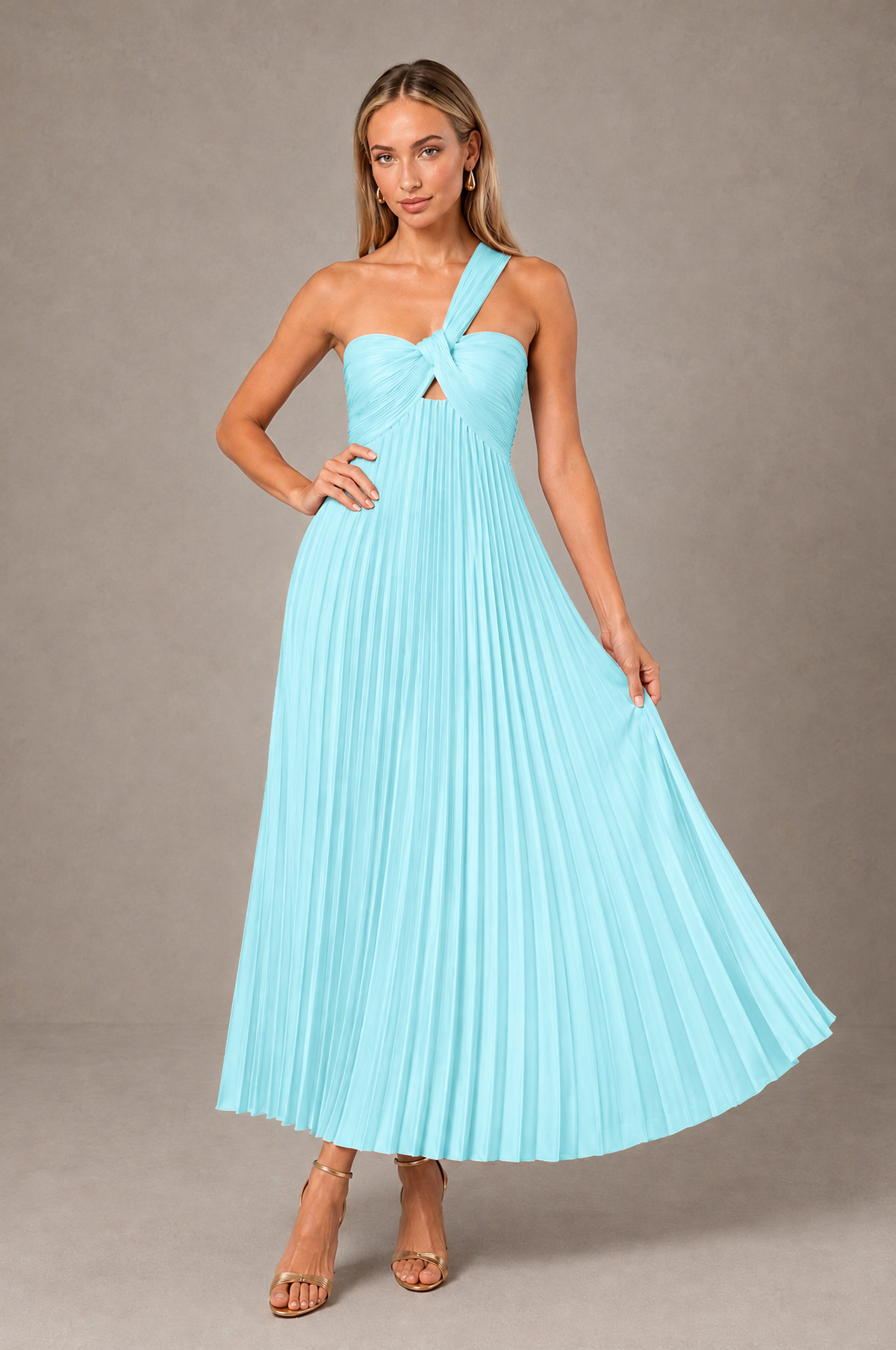 BOLODOO Aqua Blue One-Shoulder Twist Knot Pleated Satin Midi Dress with Cutout - Aqua Blue - Aqua_Blue_4