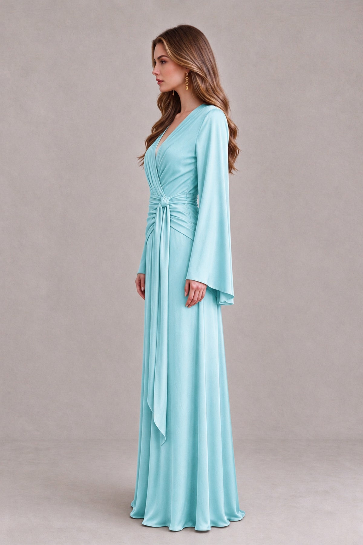 BOLODOO Aqua Blue Yellow Satin-Look V-Neck Long Bell Sleeve Evening Dress - Aqua Blue - Aqua_Blue_4