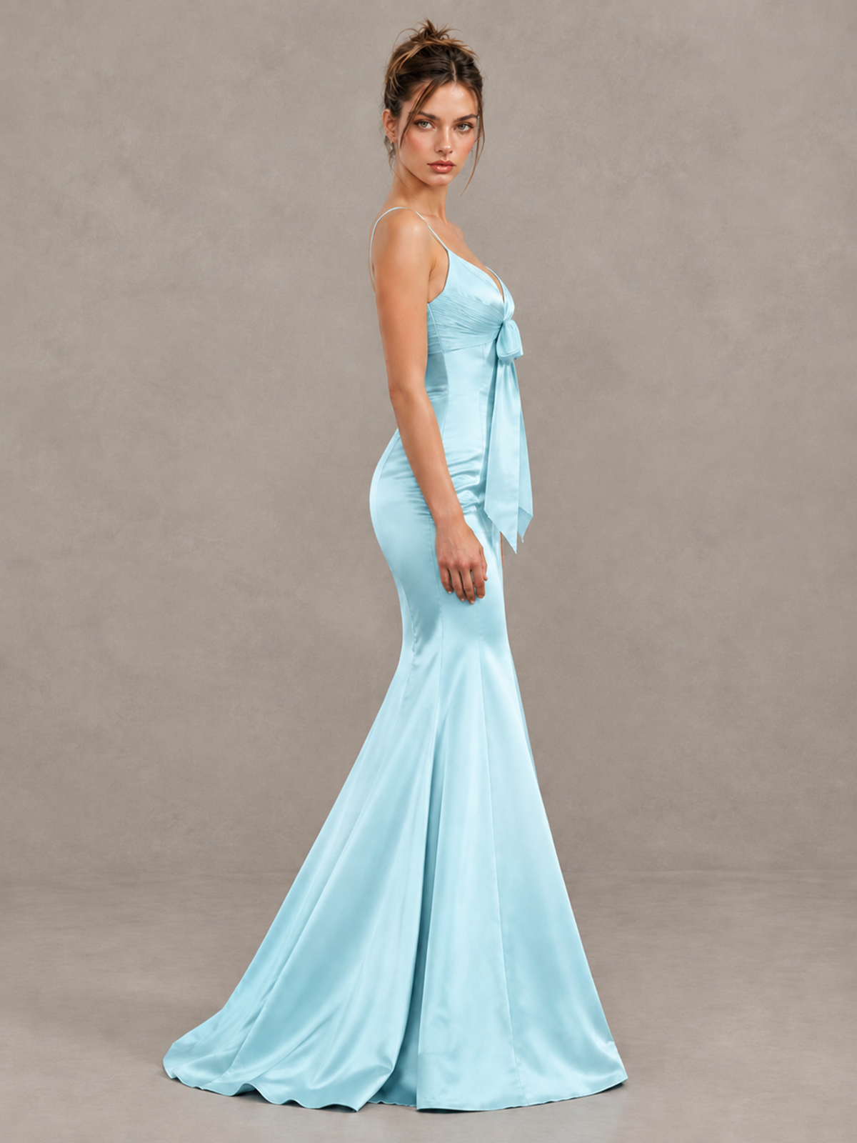 BOLODOO Aqua Blue Satin-Look Mermaid Prom Dress with Bow - Aqua Blue - Aqua Blue_4