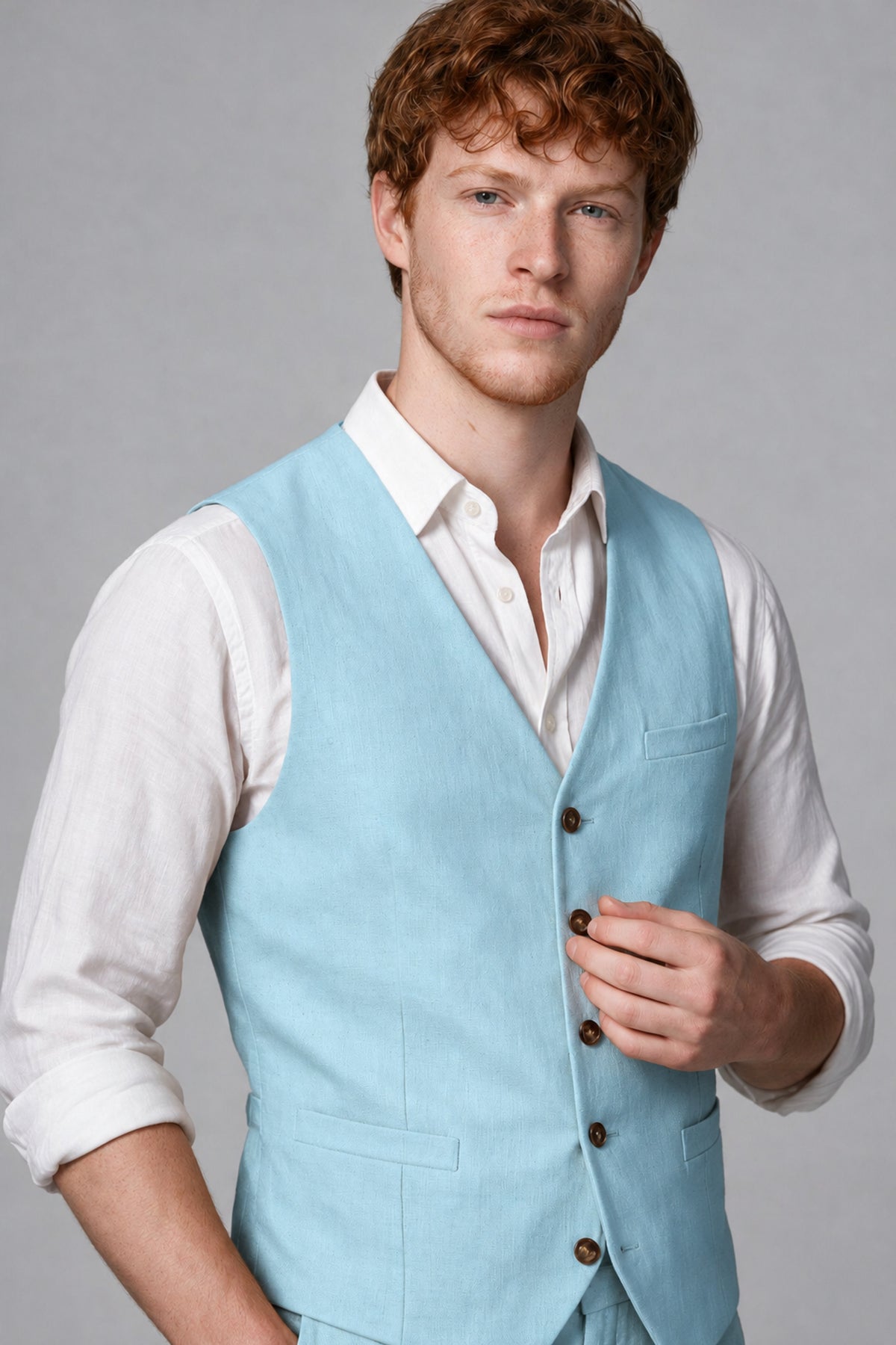 Bolodoo Men's Aqua Blue 2-Piece Vest and Pants Set with V-Neck Waistcoat - Aqua Blue - Aqua Blue_4