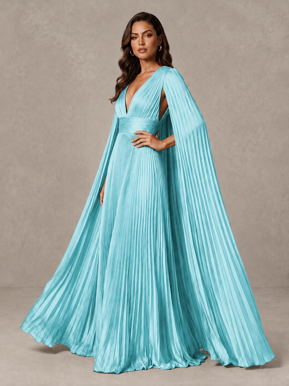 BOLODOO Aqua Blue Deep V-Neck Pleated Cape Sleeve Evening Gown - Aqua Blue - Aqua Blue_4