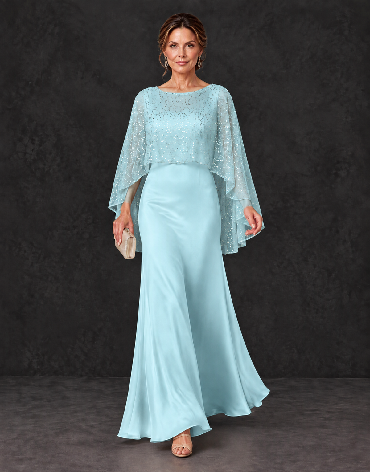 BOLODOO Aqua Blue Sparkle Cape Sleeve Mother of the Bride Dress - Aqua Blue - Aqua_Blue_4