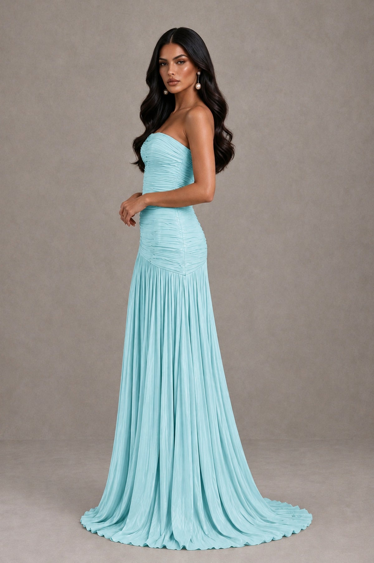 BOLODOO Aqua Blue Metallic Ruched Strapless Pleated A-Line Backless Maxi Dress with Train - Aqua Blue - Aqua Blue_4