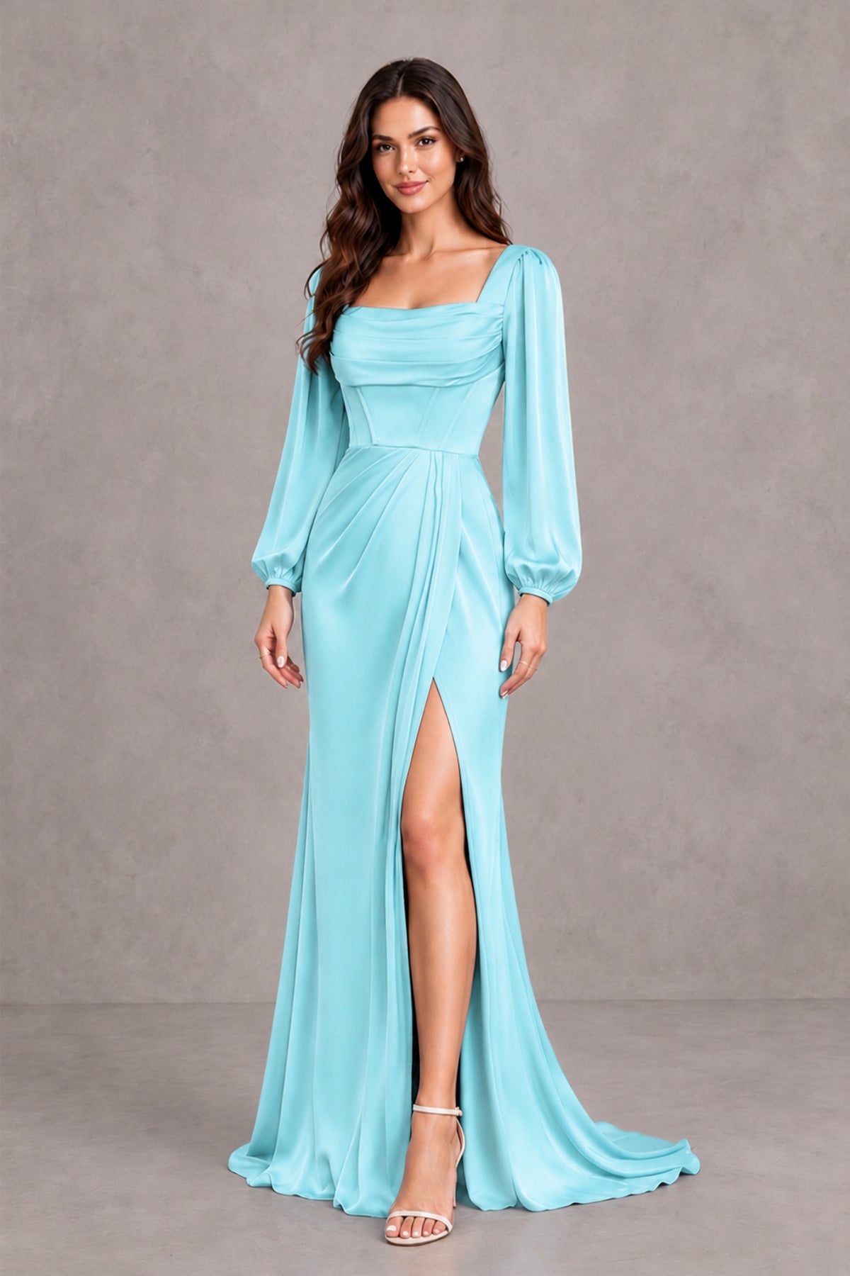 BOLODOO Aqua Blue Satin-Look Long Sleeve Evening Dress with High Slit - Aqua Blue - Aqua Blue_4