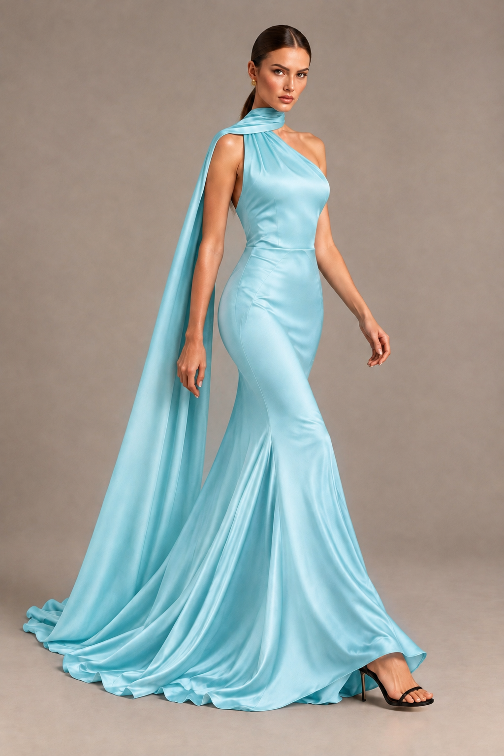 BOLODOO Aqua Blue One-Shoulder Satin Mermaid Evening Dress with Scarf - Aqua Blue - Aqua Blue_4
