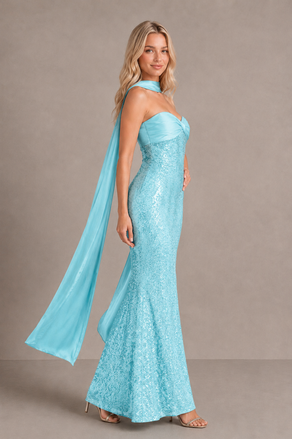 BOLODOO Aqua Blue Strapless Sweetheart Evening Dress with Scarf - Aqua Blue - Aqua_Blue_4