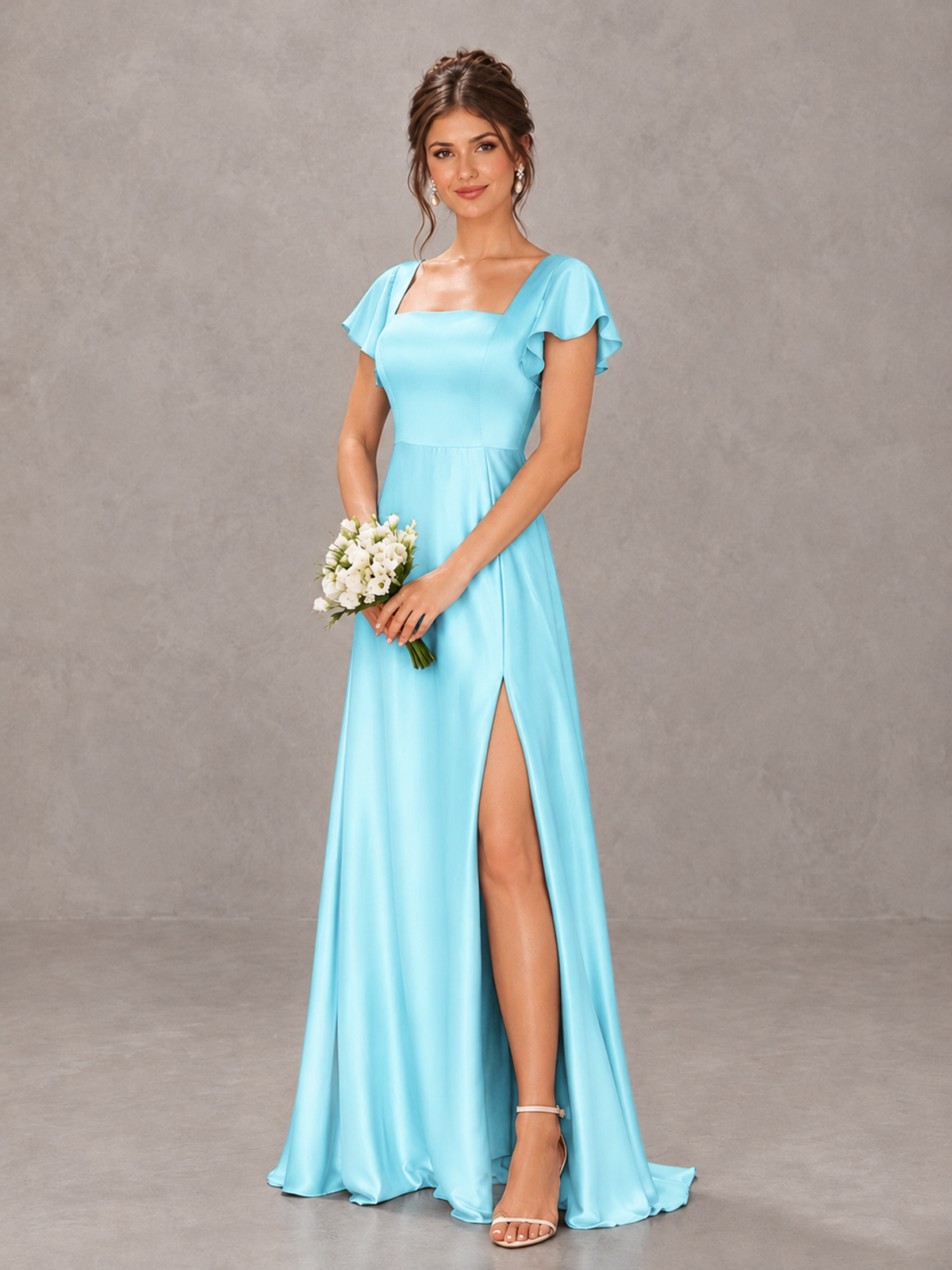 BOLODOO Aqua Blue Satin Square Neck Flutter Sleeve A-Line Bridesmaid Dress with Slit - Aqua Blue - Aqua Blue_4