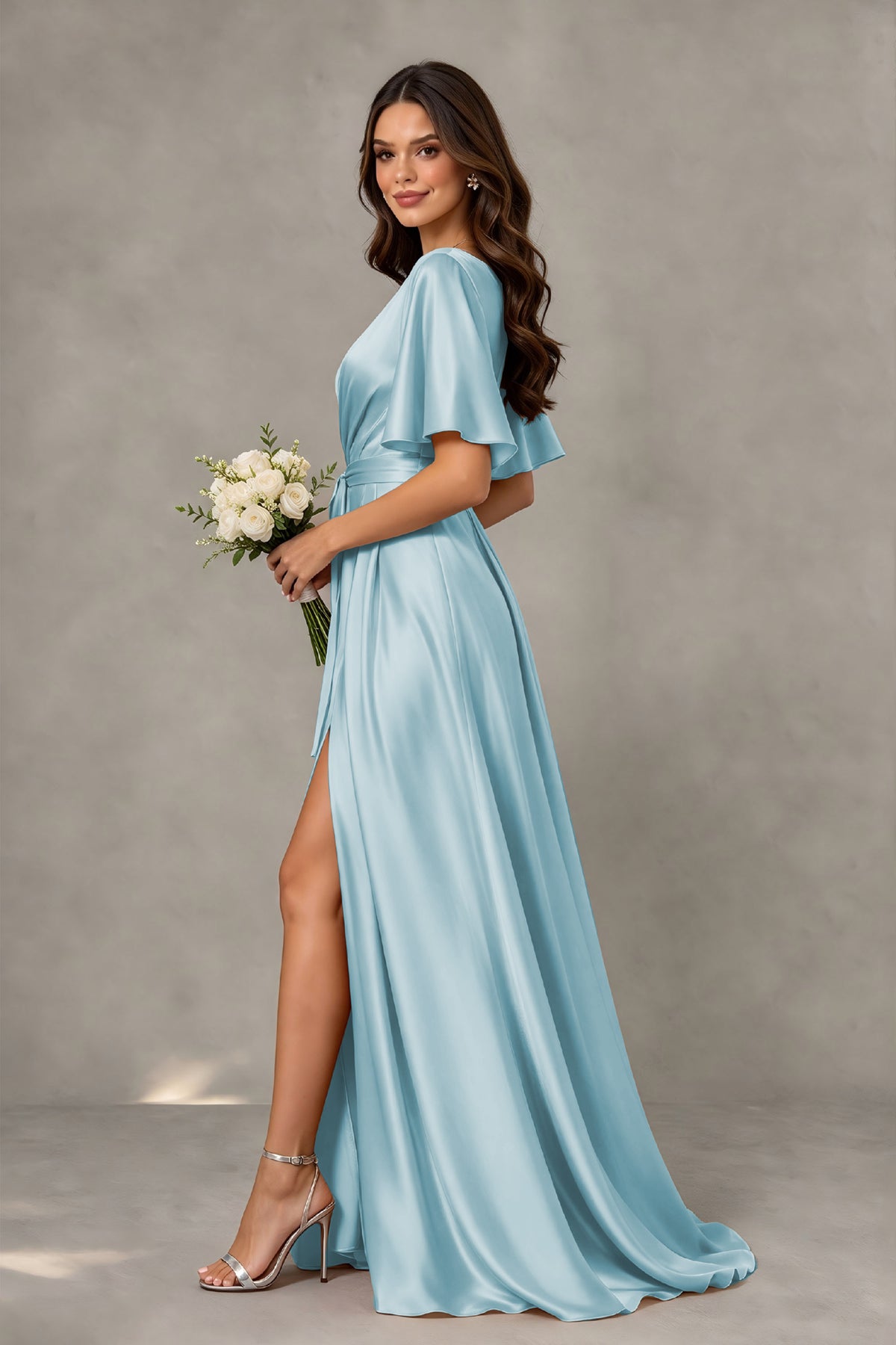 BOLODOO Aqua Blue Satin V-Neck Flutter Sleeve Bridesmaid Dress with Slit - Aqua Blue - Aqua Blue(4)
