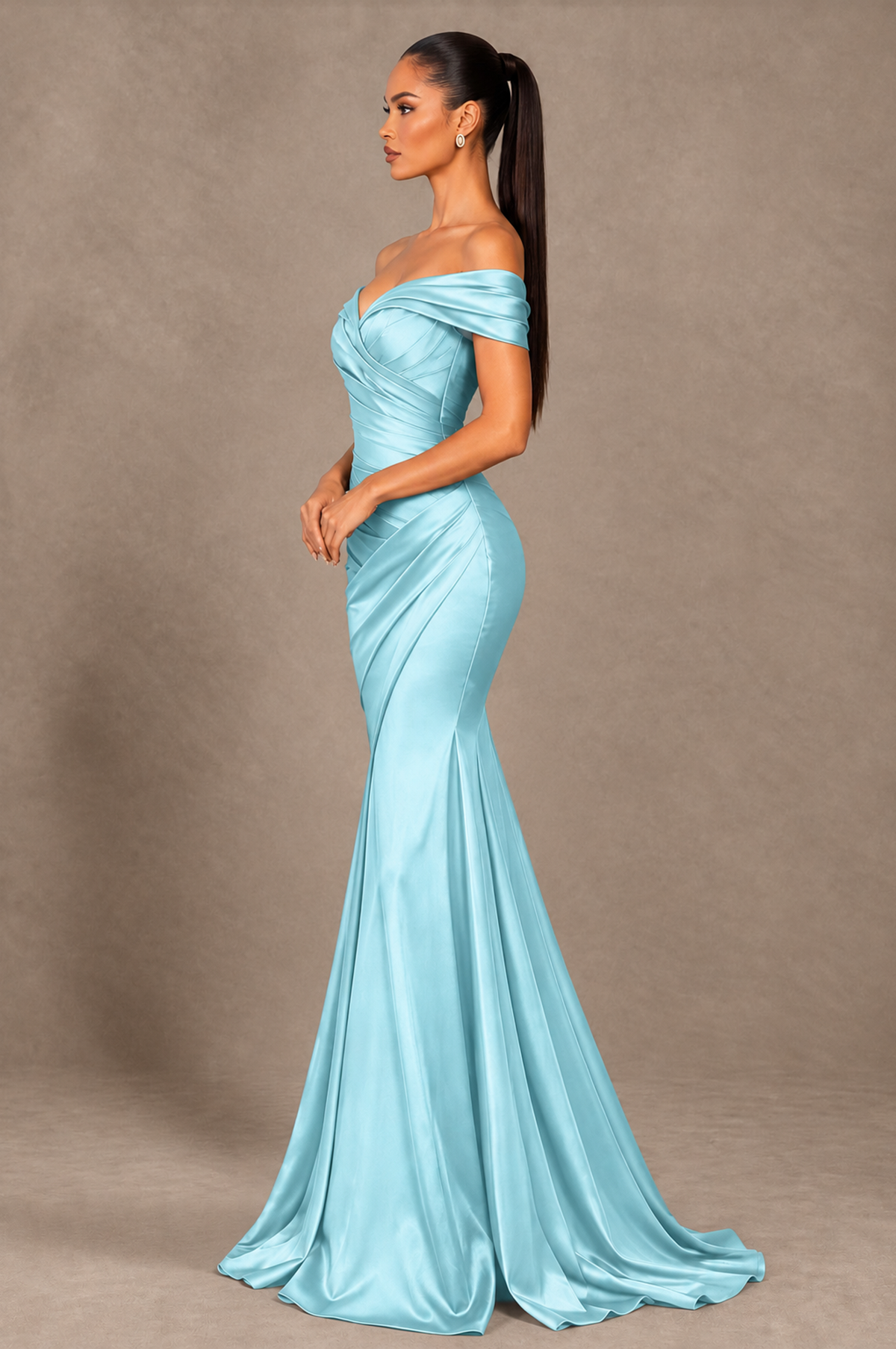 BOLODOO Aqua Blue Off-the-Shoulder Ruched Satin Mermaid Evening Dress - Aqua Blue - Aqua_Blue_4