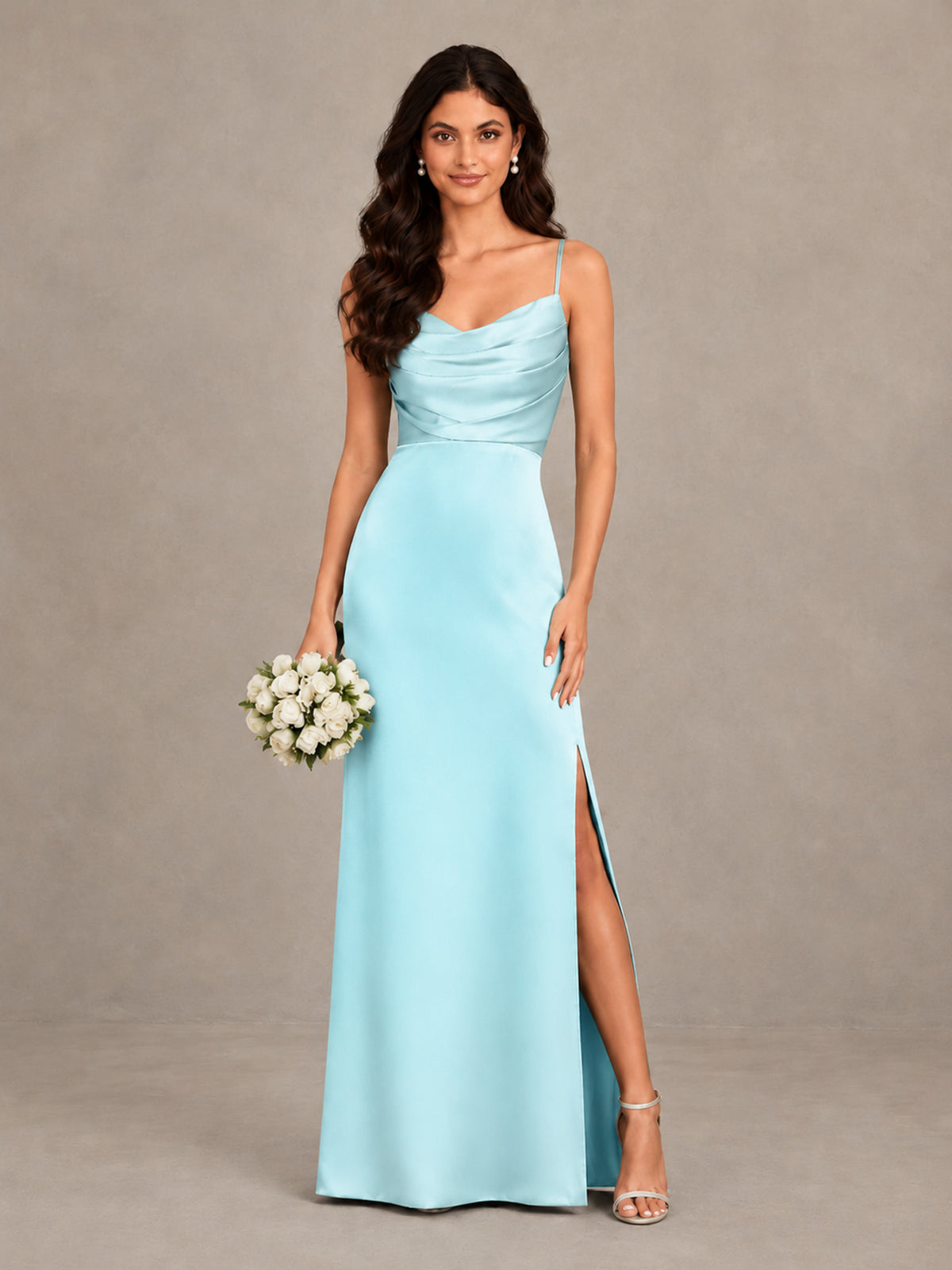 BOLODOO Aqua Blue Cowl Neck Satin Bridesmaid Dress with Slit - Aqua Blue - Aqua Blue (1)