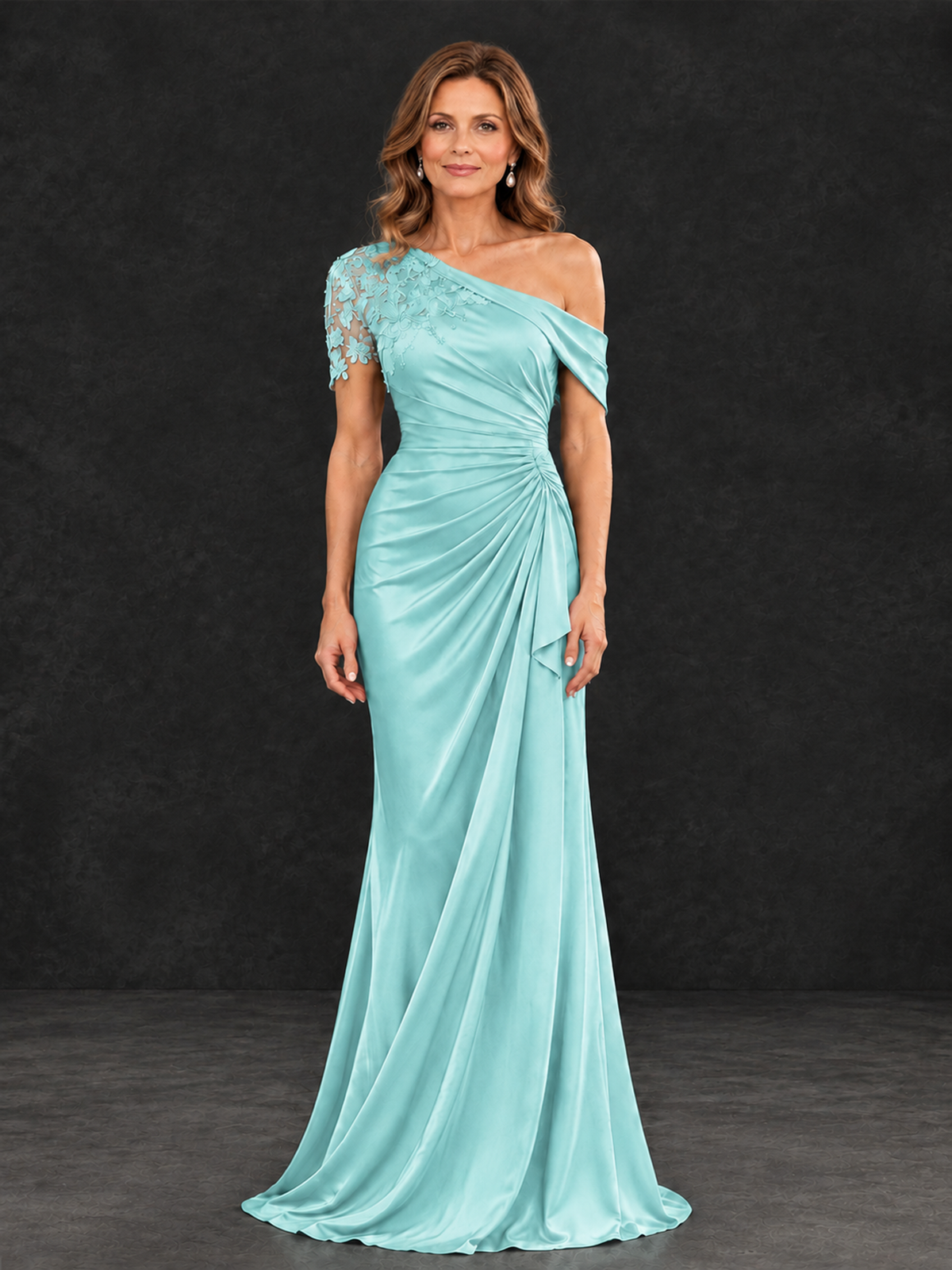 BOLODOO Aqua Blue Asymmetric Satin Mother of the Bride Dress with Lace Sleeve - Aqua Blue - Aqua Blue (1)