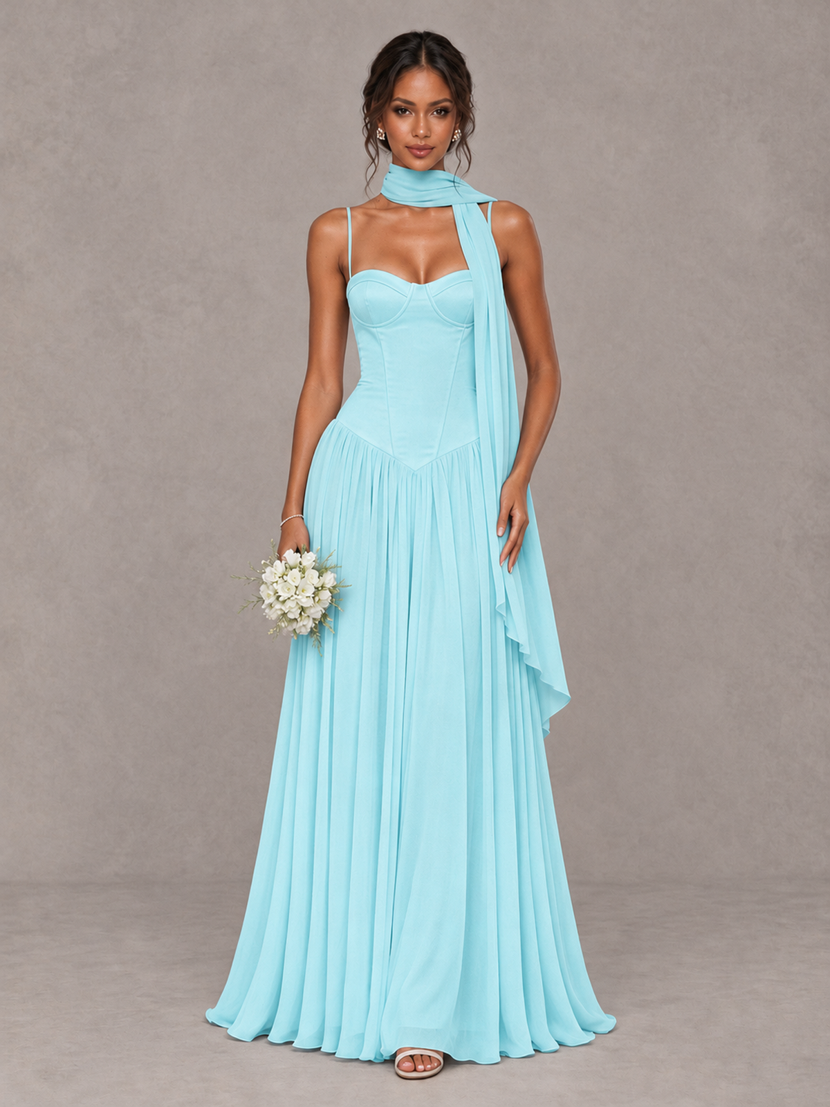 BOLODOO Aqua Blue Corset Bridesmaid Dress with Scarf - Aqua Blue - Aqua Blue (1)