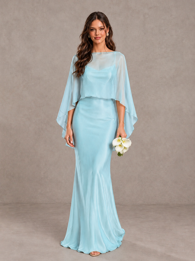 BOLODOO Aqua Blue Satin Mermaid Bridesmaid Dress with Chiffon Cape - Aqua Blue - Aqua Blue (1)
