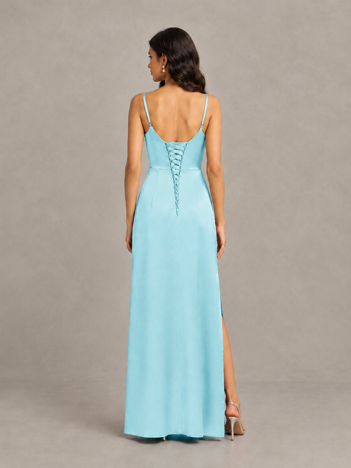 BOLODOO Aqua Blue Cowl Neck Satin Bridesmaid Dress with Slit - Aqua Blue - Aqua Blue (2)