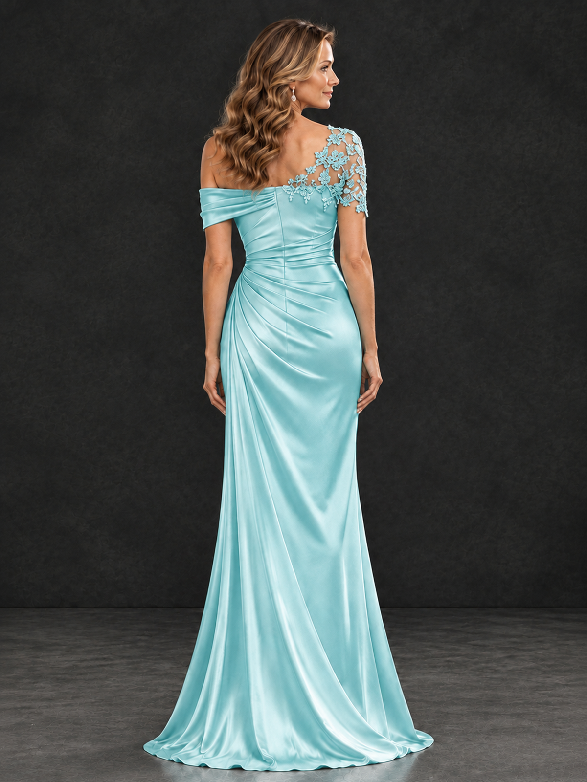BOLODOO Aqua Blue Asymmetric Satin Mother of the Bride Dress with Lace Sleeve - Aqua Blue - Aqua Blue (2)