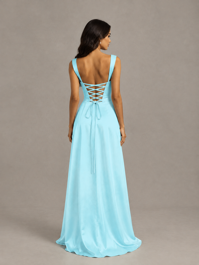 BOLODOO Aqua Blue Satin Lace-Up Bridesmaid Dress with Slit - Aqua Blue - Aqua Blue (2)