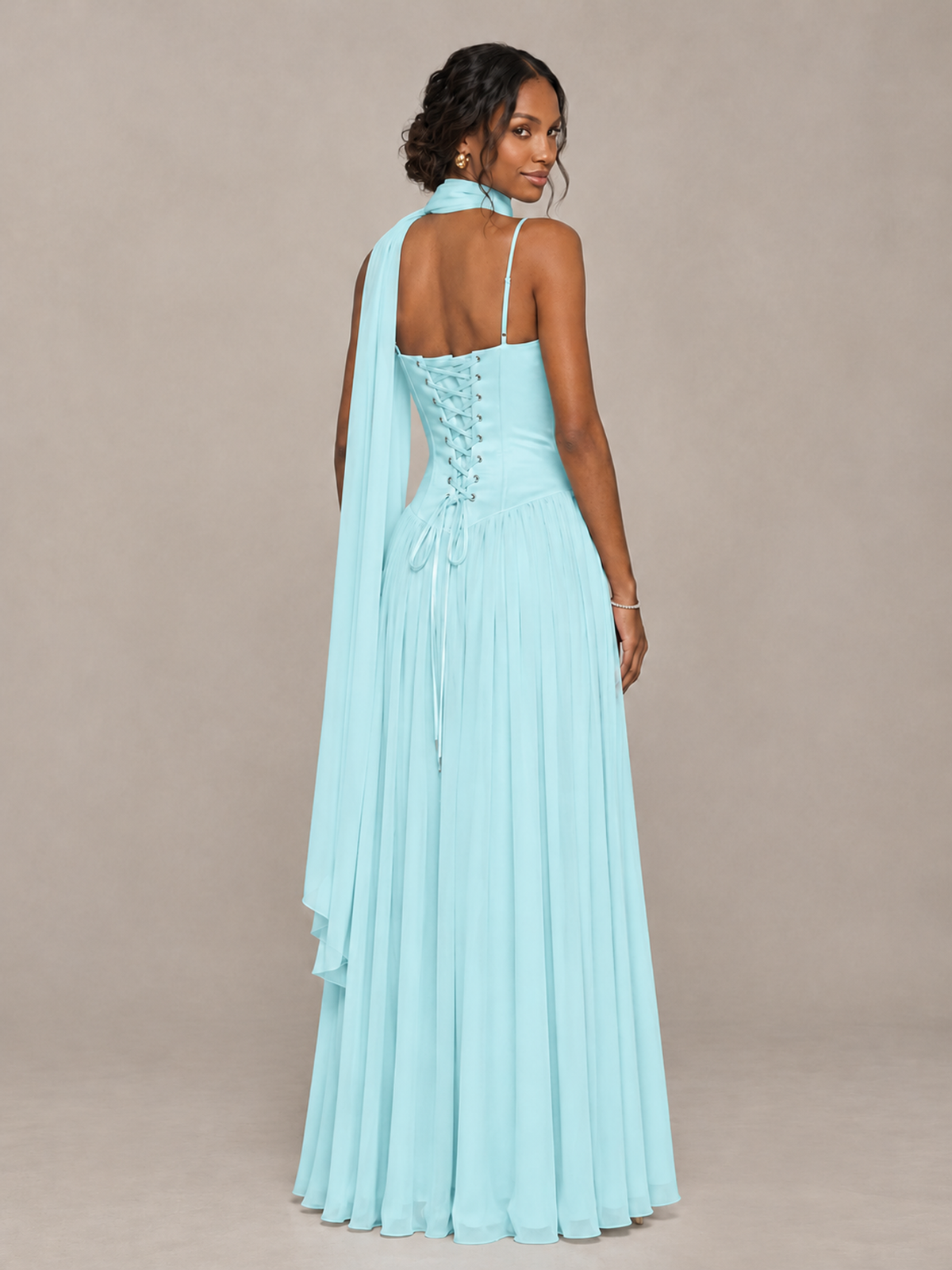 BOLODOO Aqua Blue Corset Bridesmaid Dress with Scarf - Aqua Blue - Aqua Blue (2)
