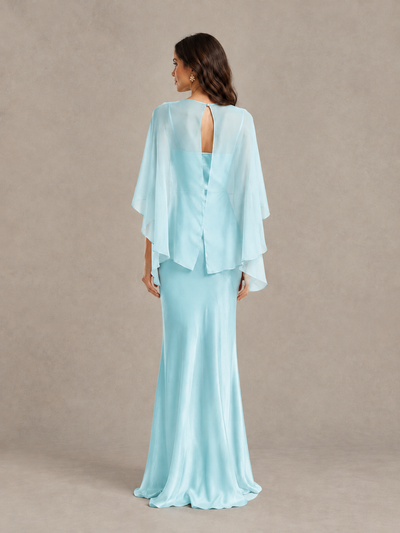 BOLODOO Aqua Blue Satin Mermaid Bridesmaid Dress with Chiffon Cape - Aqua Blue - Aqua Blue (2)