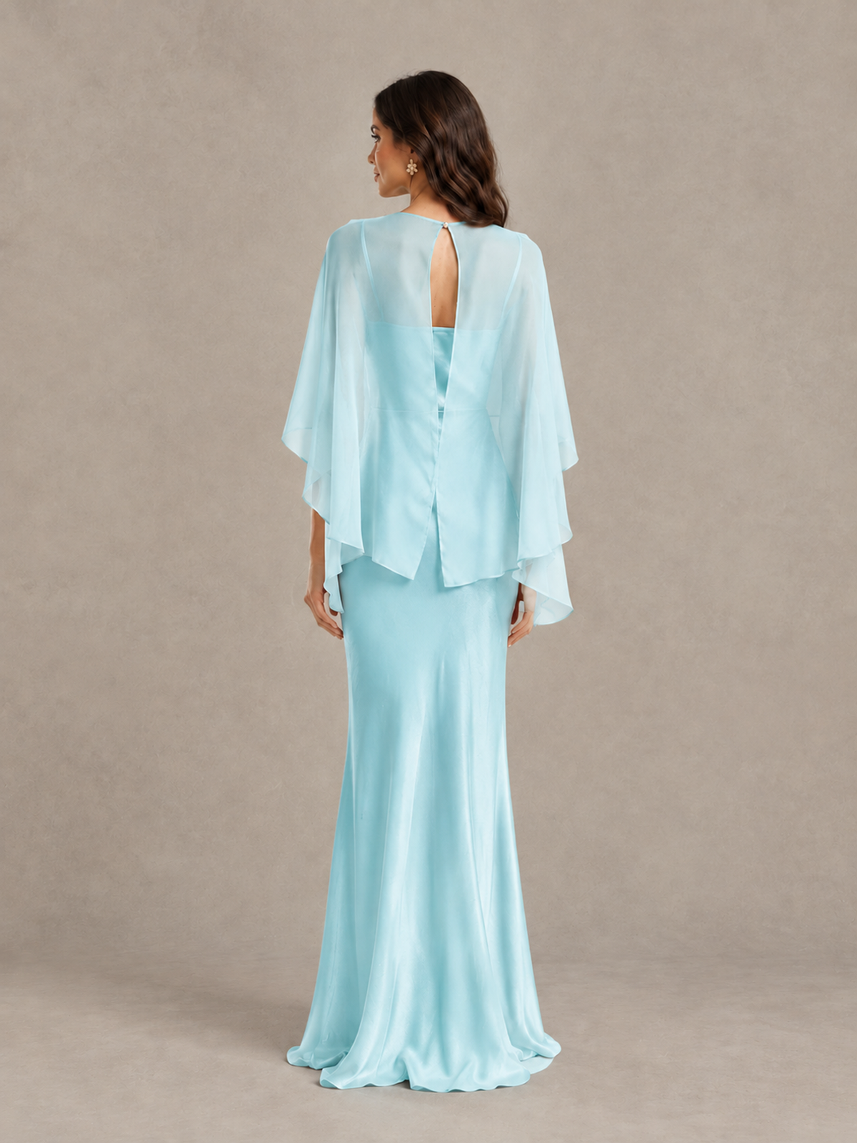 BOLODOO Aqua Blue Satin Mermaid Bridesmaid Dress with Chiffon Cape - Aqua Blue - Aqua Blue (2)